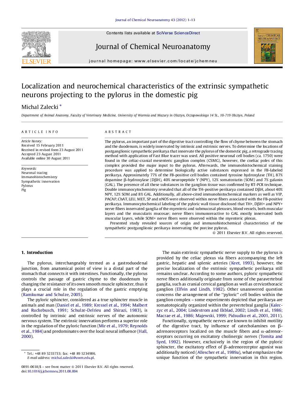 Localization and neurochemical characteristics of the extrinsic sympathetic neurons projecting to the pylorus in the domestic pig