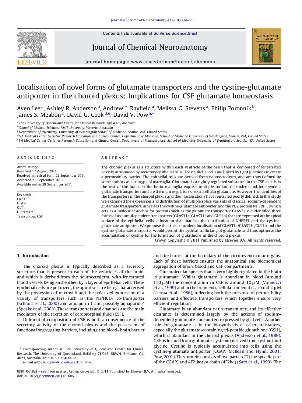 Localisation of novel forms of glutamate transporters and the cystine-glutamate antiporter in the choroid plexus: Implications for CSF glutamate homeostasis