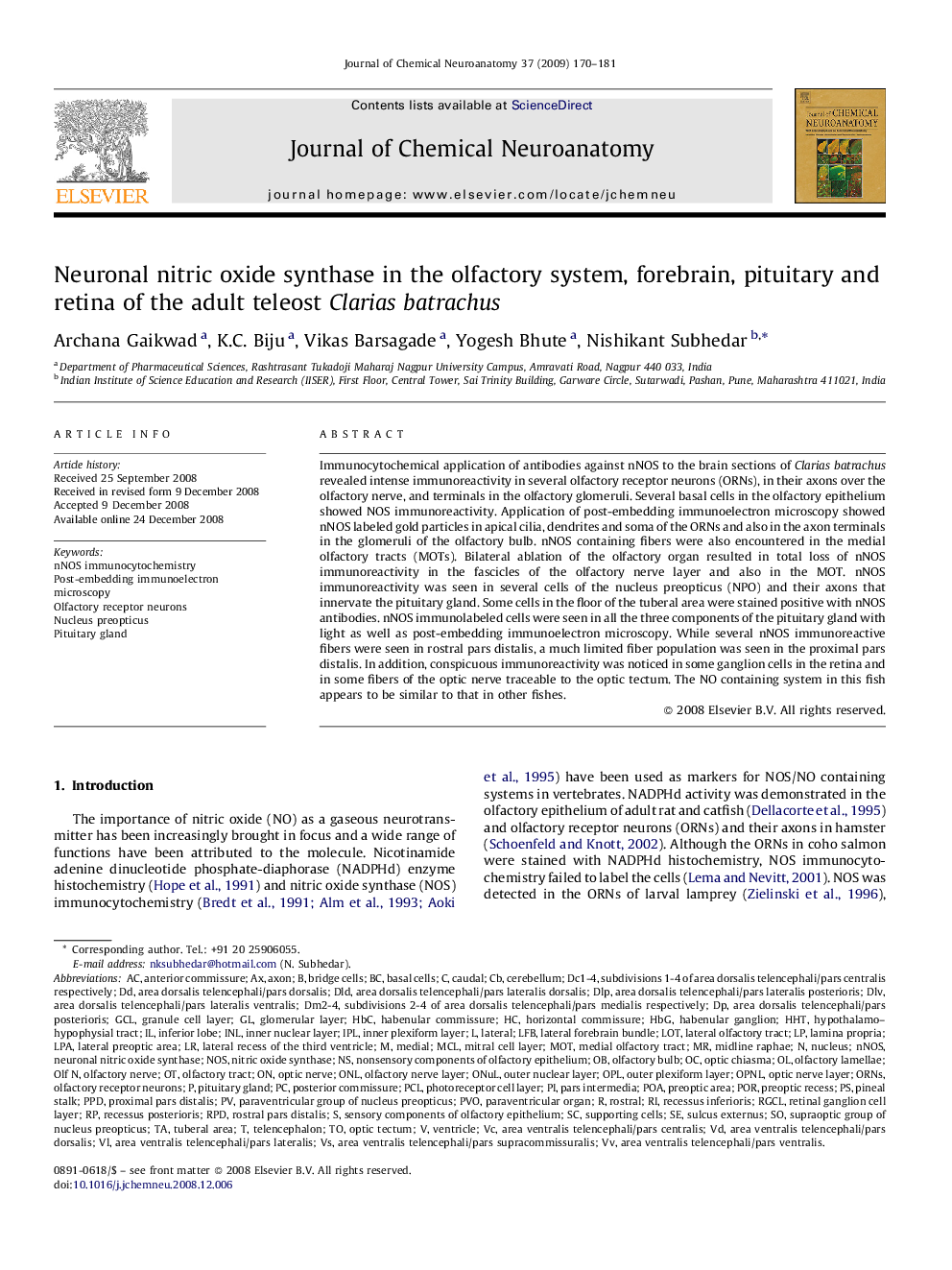 Neuronal nitric oxide synthase in the olfactory system, forebrain, pituitary and retina of the adult teleost Clarias batrachus