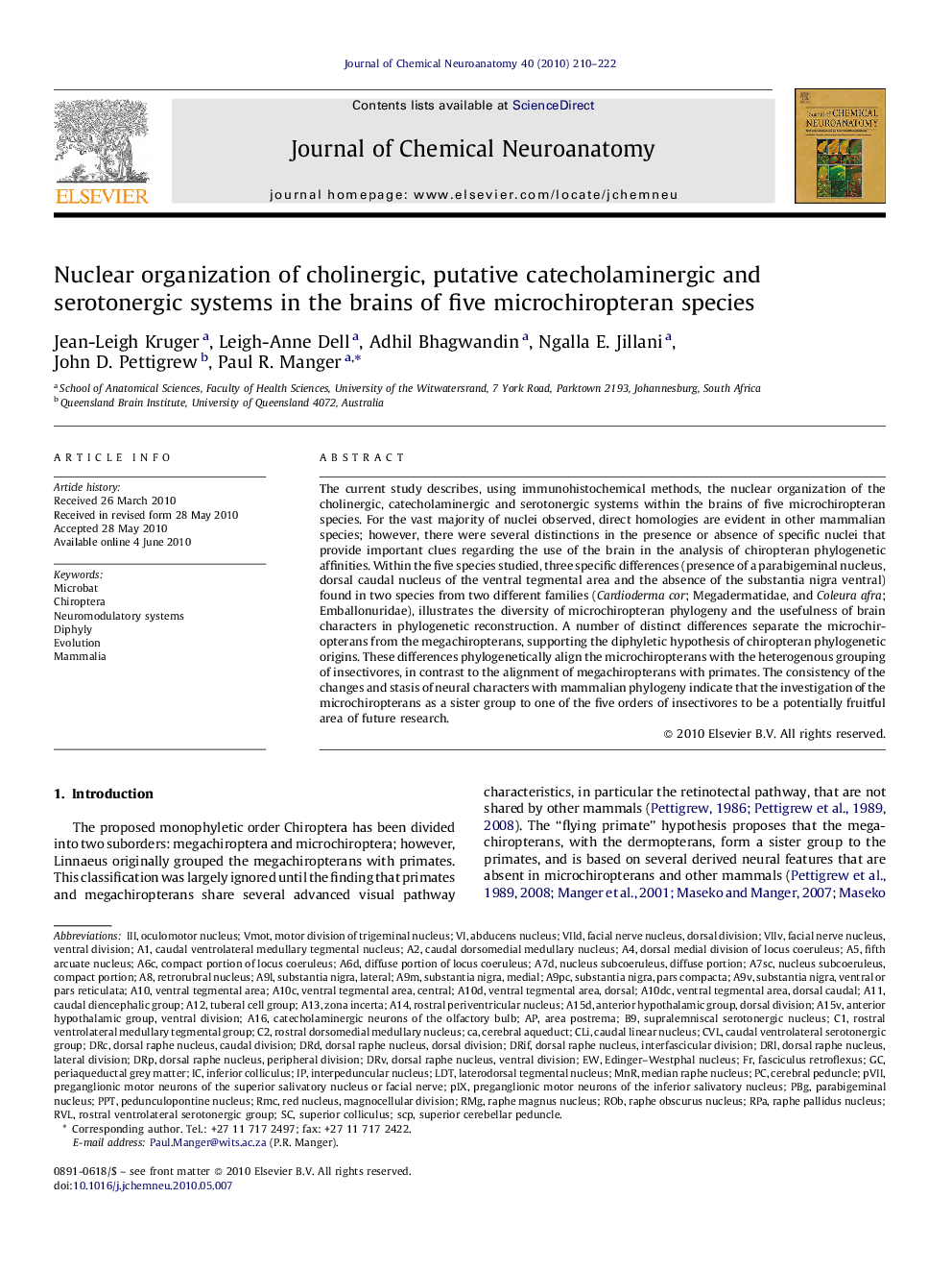 Nuclear organization of cholinergic, putative catecholaminergic and serotonergic systems in the brains of five microchiropteran species