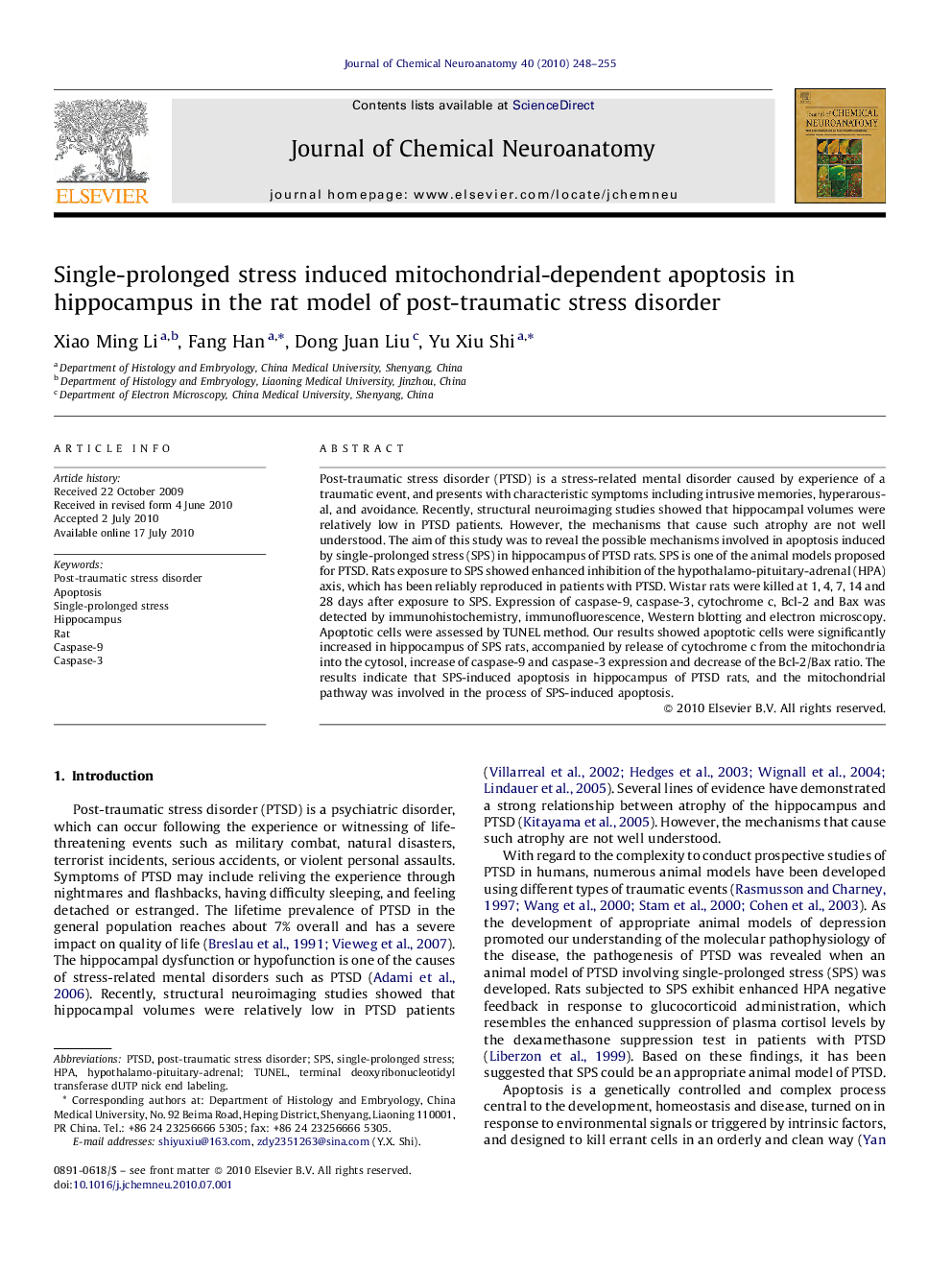 Single-prolonged stress induced mitochondrial-dependent apoptosis in hippocampus in the rat model of post-traumatic stress disorder