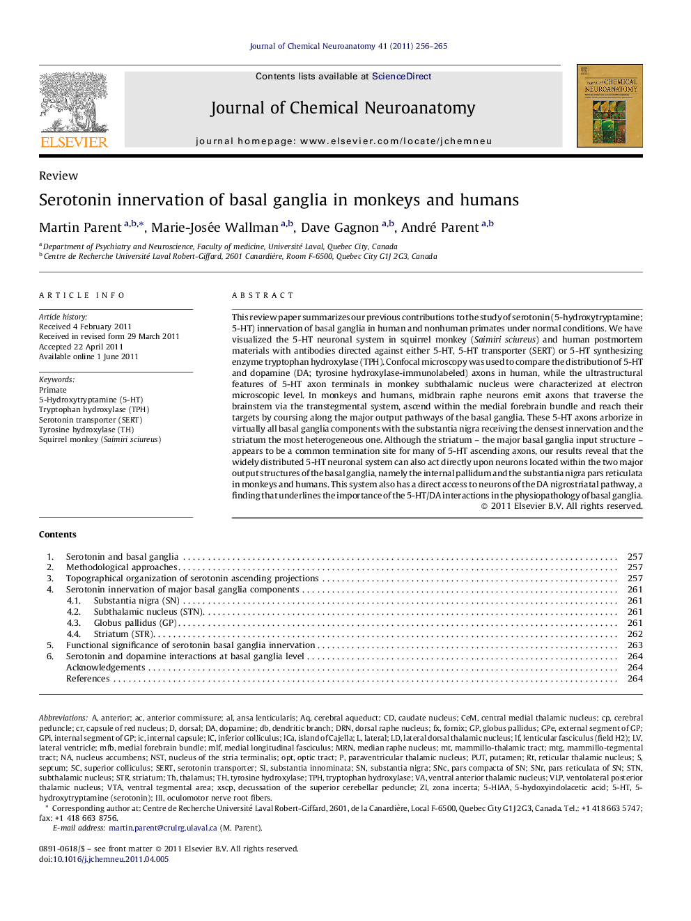 Serotonin innervation of basal ganglia in monkeys and humans