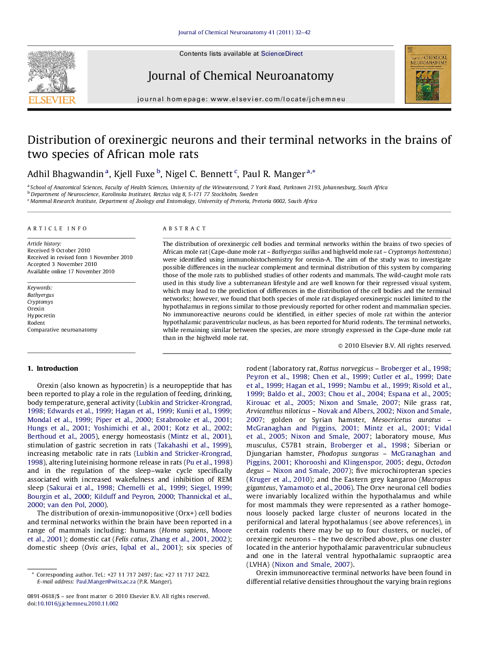 Distribution of orexinergic neurons and their terminal networks in the brains of two species of African mole rats