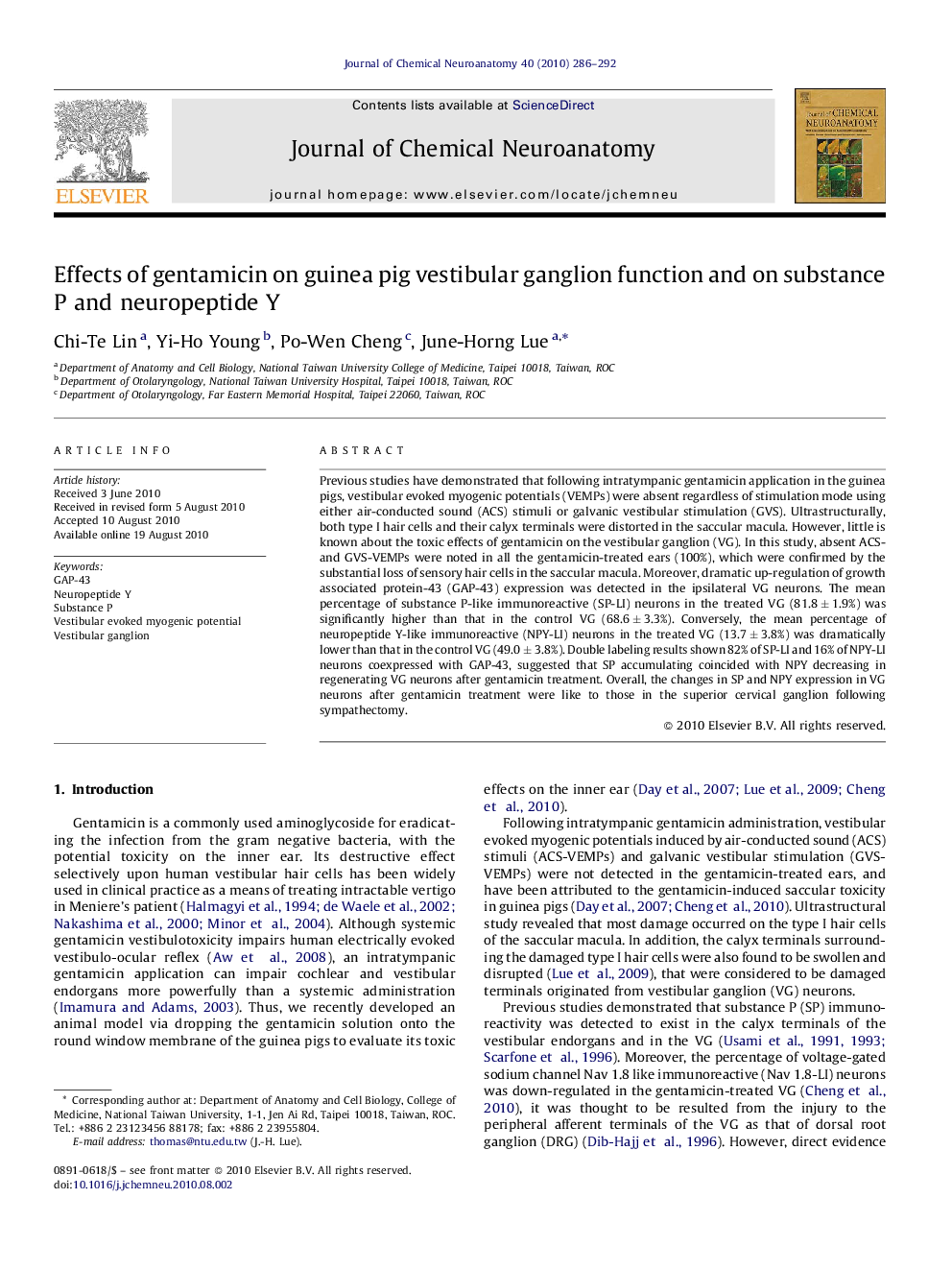 Effects of gentamicin on guinea pig vestibular ganglion function and on substance P and neuropeptide Y