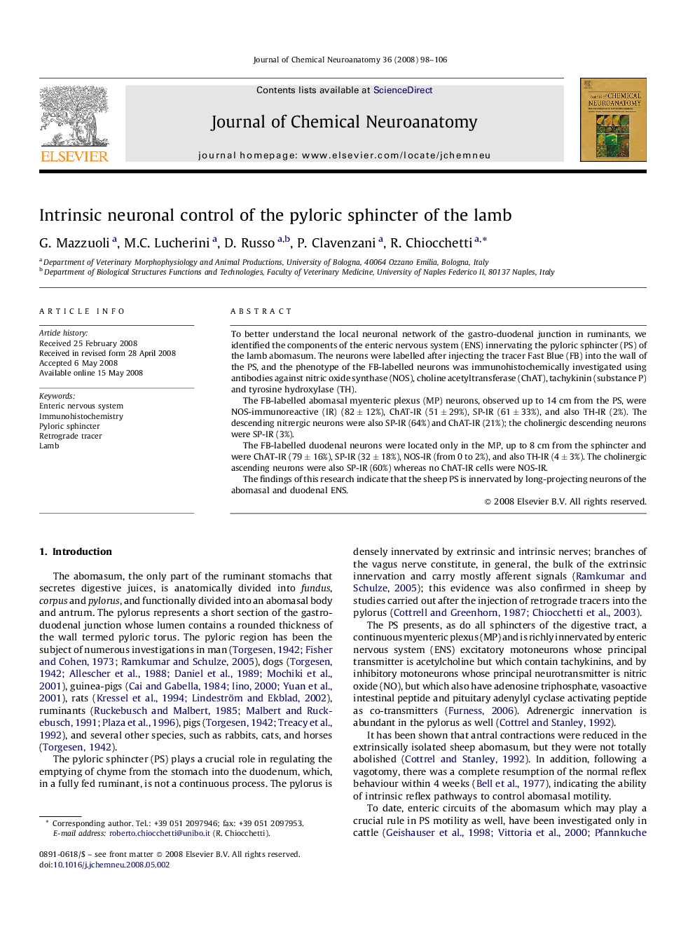 Intrinsic neuronal control of the pyloric sphincter of the lamb