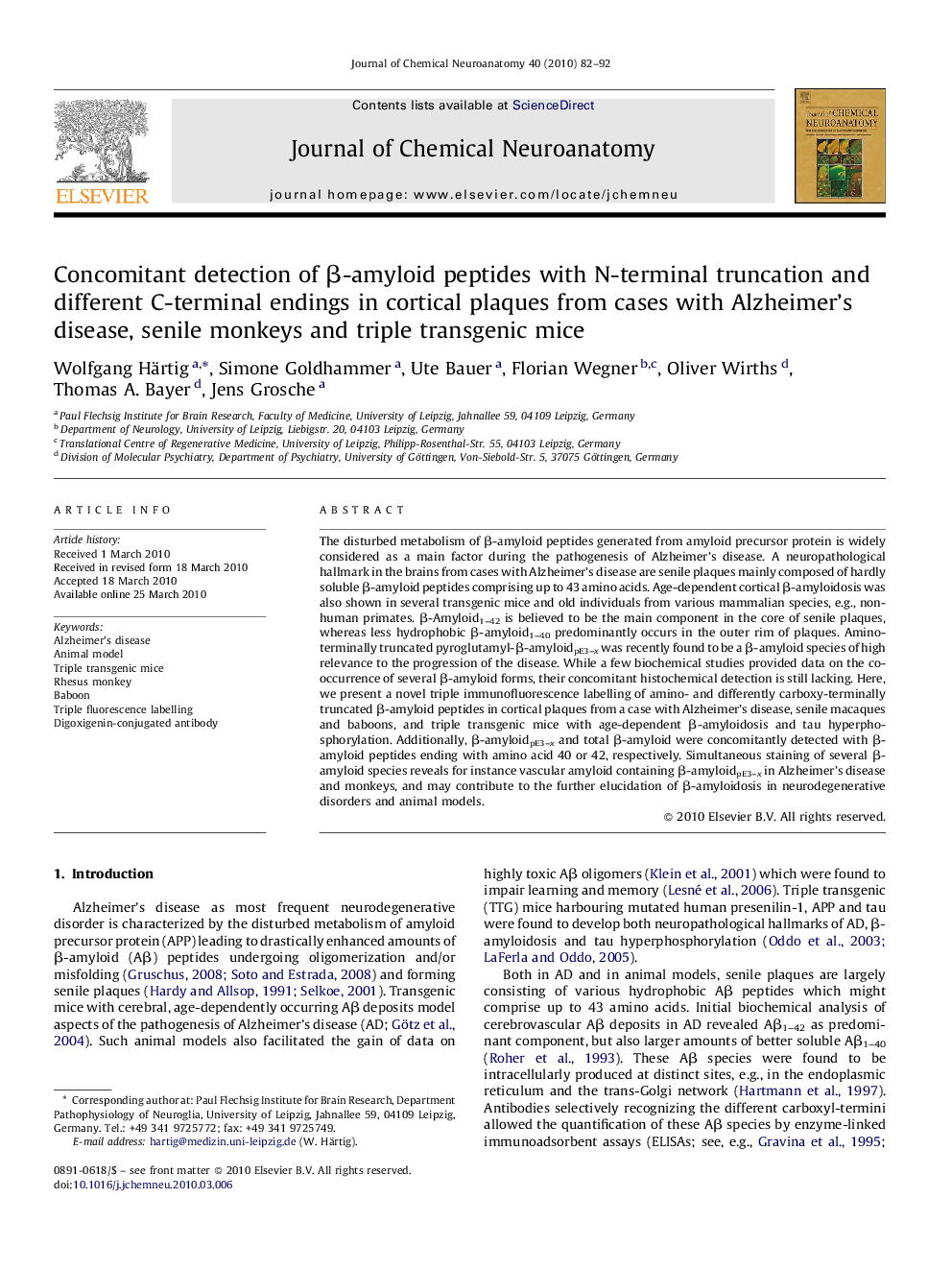 Concomitant detection of β-amyloid peptides with N-terminal truncation and different C-terminal endings in cortical plaques from cases with Alzheimer's disease, senile monkeys and triple transgenic mice