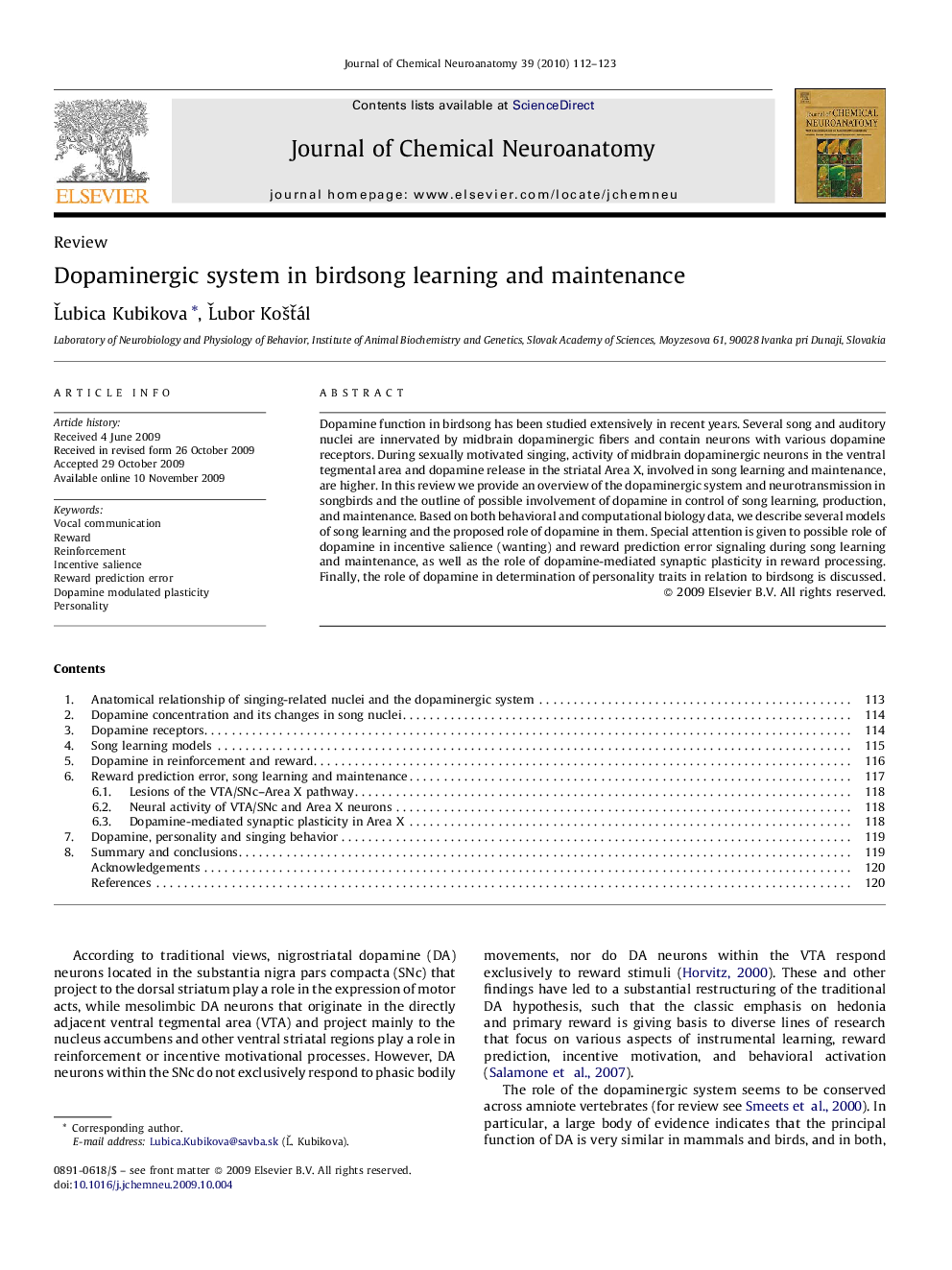 Dopaminergic system in birdsong learning and maintenance