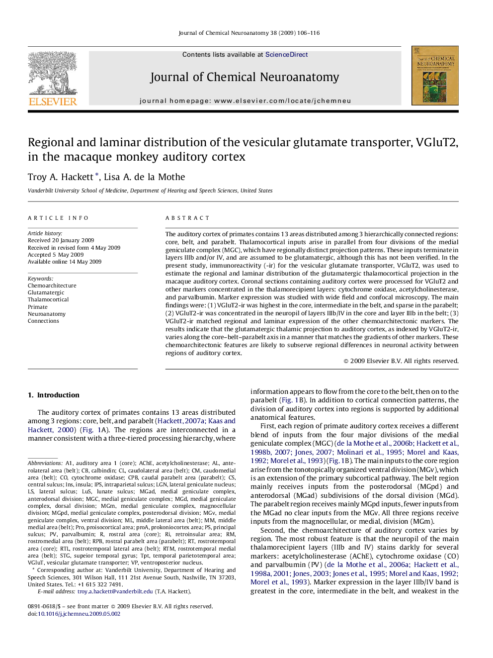 Regional and laminar distribution of the vesicular glutamate transporter, VGluT2, in the macaque monkey auditory cortex