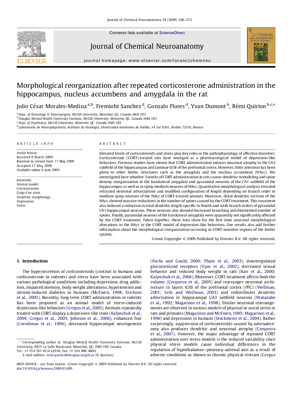 Morphological reorganization after repeated corticosterone administration in the hippocampus, nucleus accumbens and amygdala in the rat