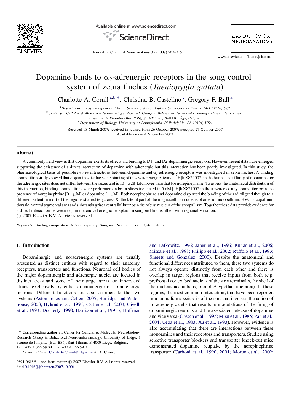 Dopamine binds to α2-adrenergic receptors in the song control system of zebra finches (Taeniopygia guttata)