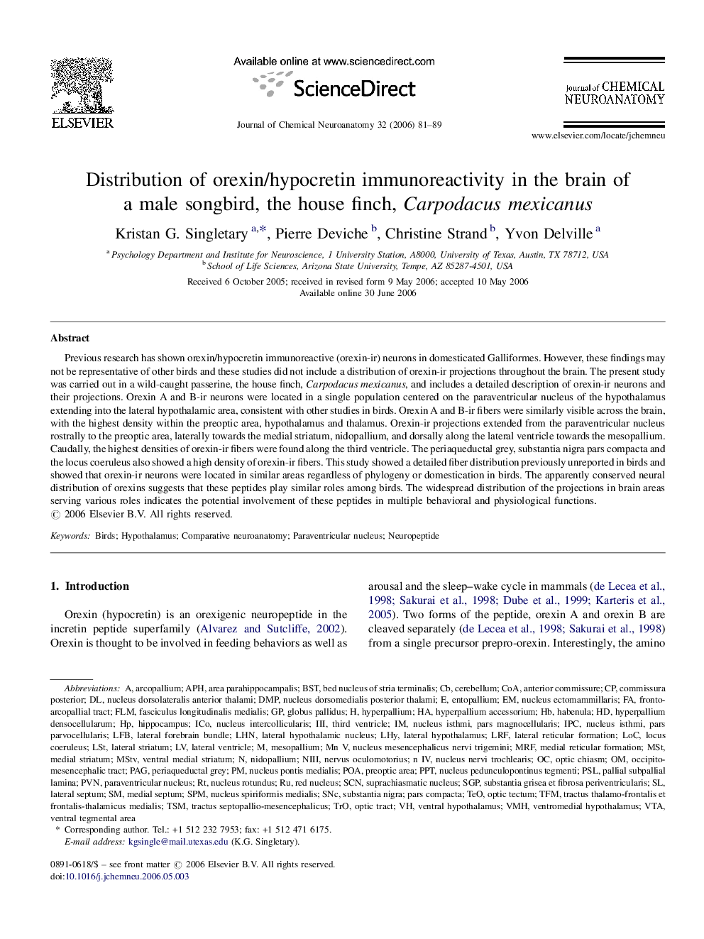 Distribution of orexin/hypocretin immunoreactivity in the brain of a male songbird, the house finch, Carpodacus mexicanus