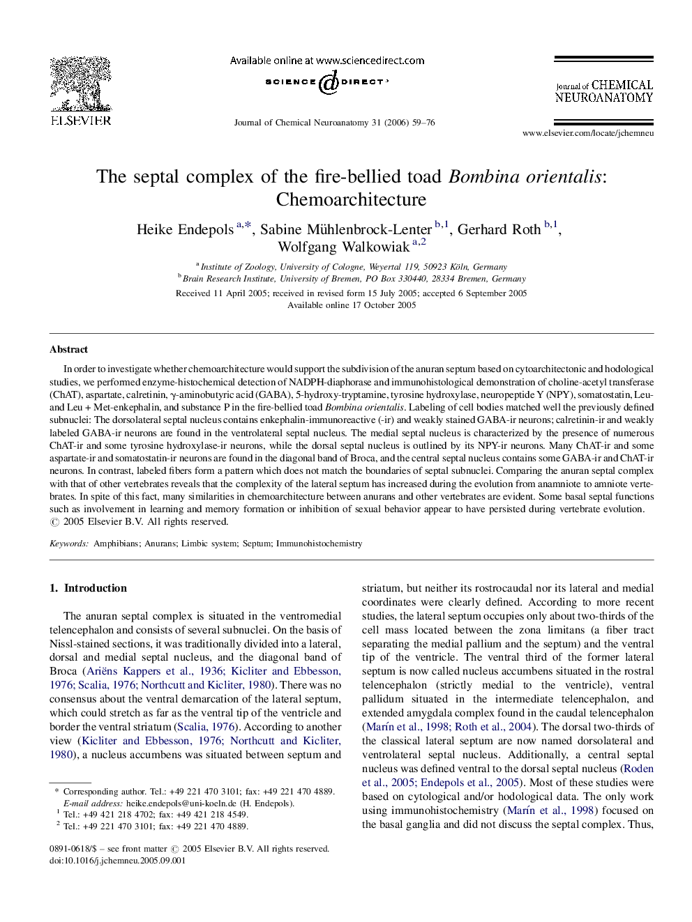 The septal complex of the fire-bellied toad Bombina orientalis: Chemoarchitecture