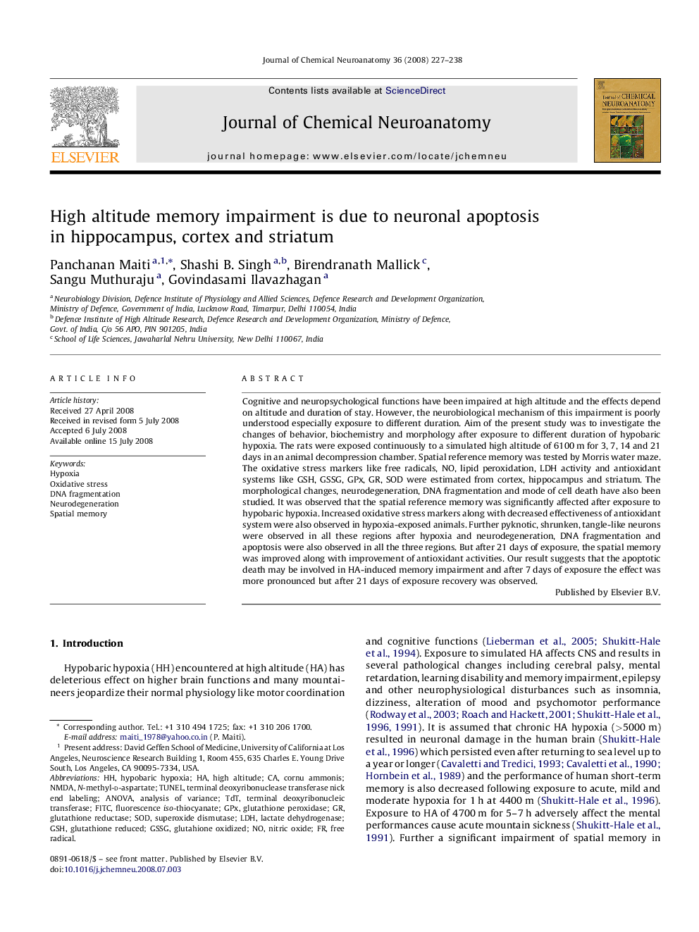 High altitude memory impairment is due to neuronal apoptosis in hippocampus, cortex and striatum