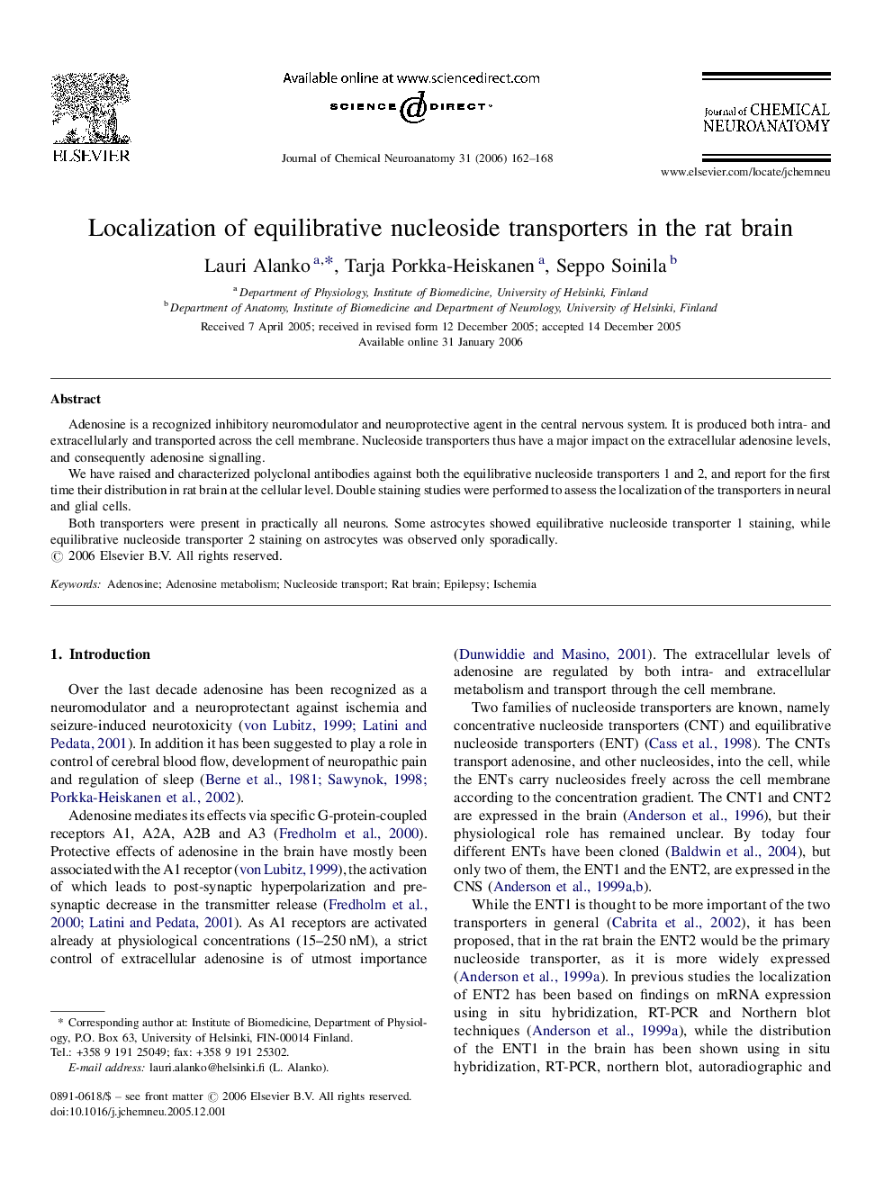 Localization of equilibrative nucleoside transporters in the rat brain