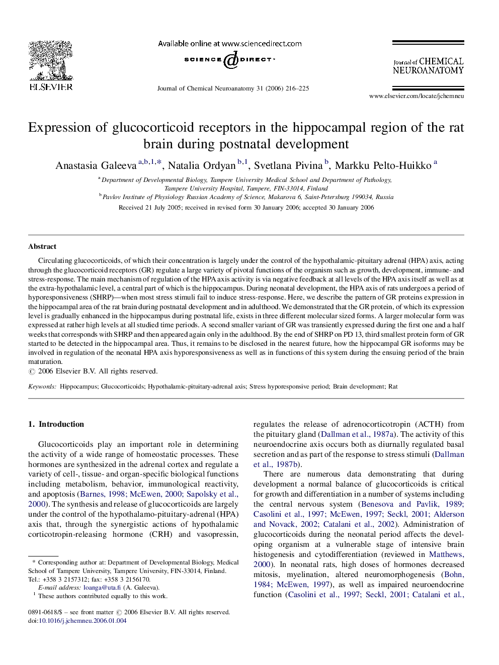 Expression of glucocorticoid receptors in the hippocampal region of the rat brain during postnatal development