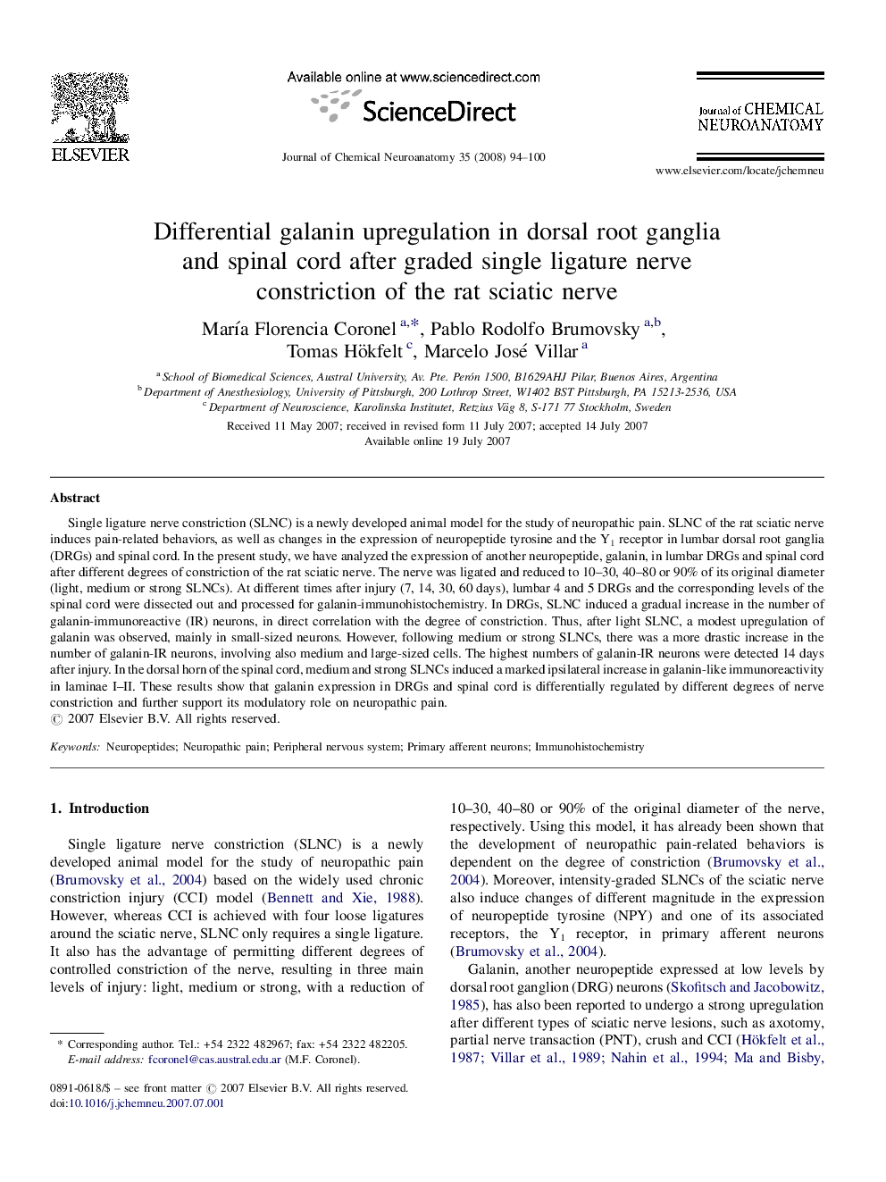 Differential galanin upregulation in dorsal root ganglia and spinal cord after graded single ligature nerve constriction of the rat sciatic nerve