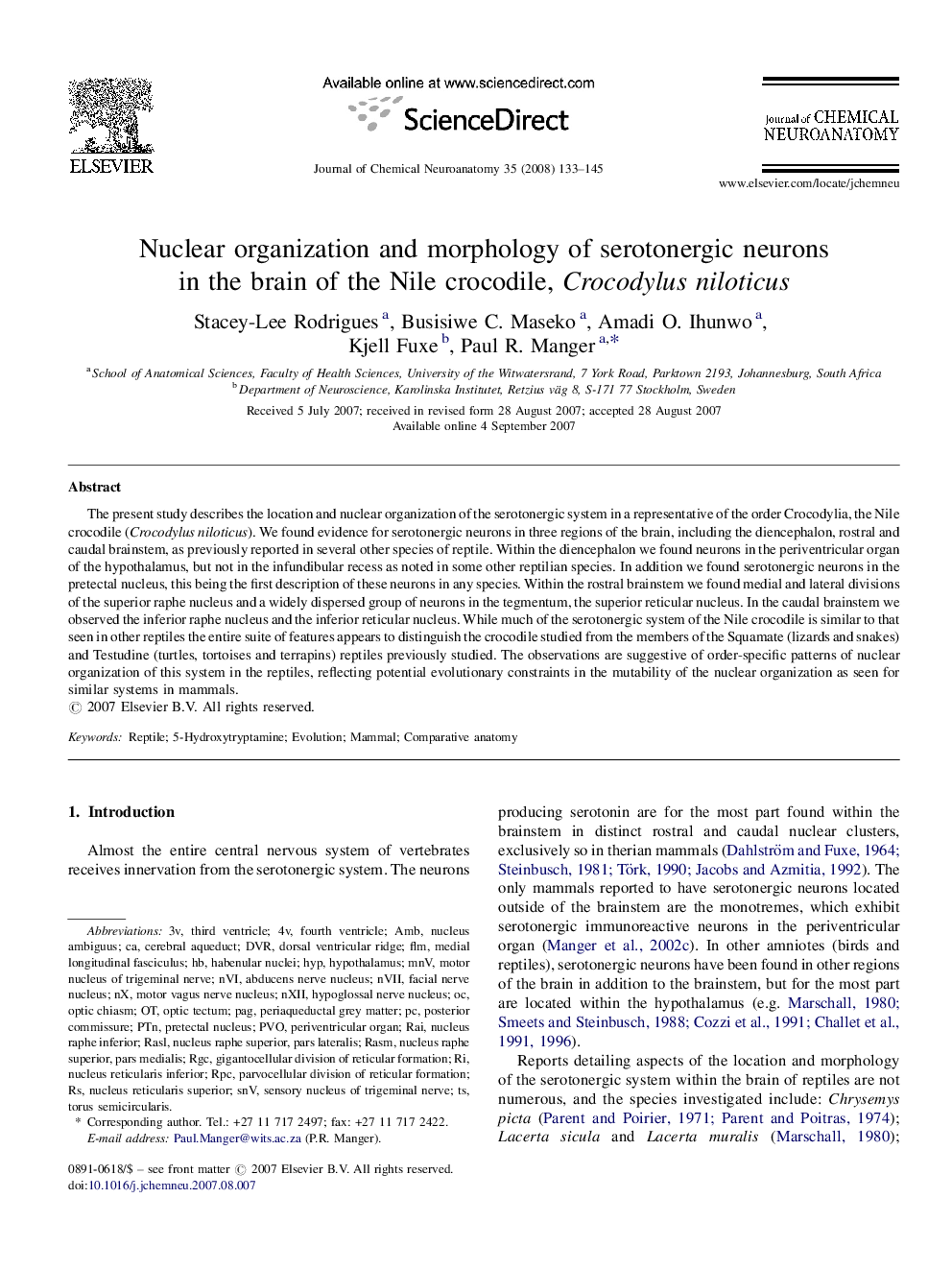 عکس صفحه اول مقاله: Nuclear organization and morphology of serotonergic neurons in the brain of the Nile crocodile, Crocodylus niloticus Nuclear organization and morphology of serotonergic neurons in the brain of the Nile crocodile, Crocodylus niloticus
