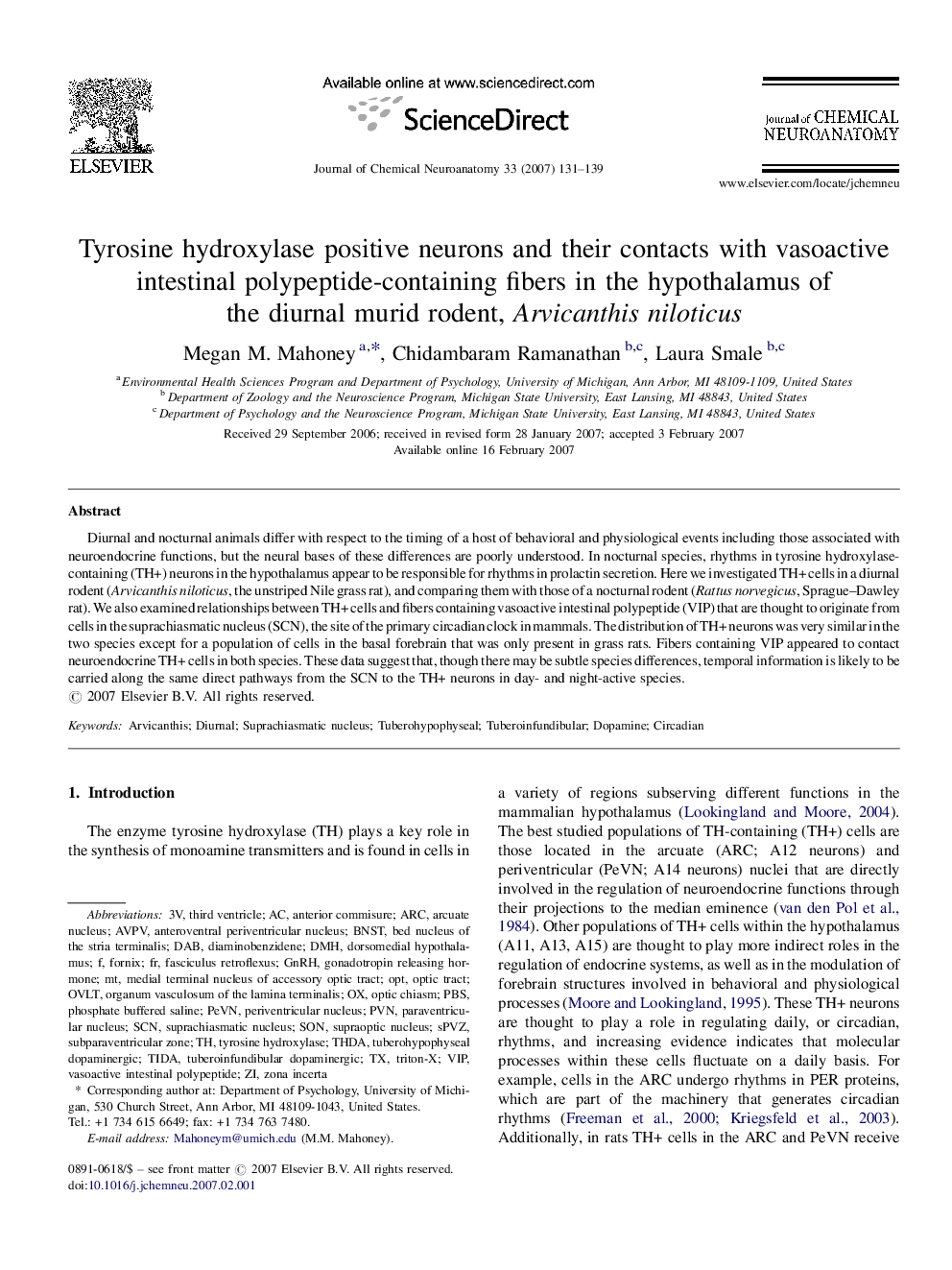 Tyrosine hydroxylase positive neurons and their contacts with vasoactive intestinal polypeptide-containing fibers in the hypothalamus of the diurnal murid rodent, Arvicanthis niloticus