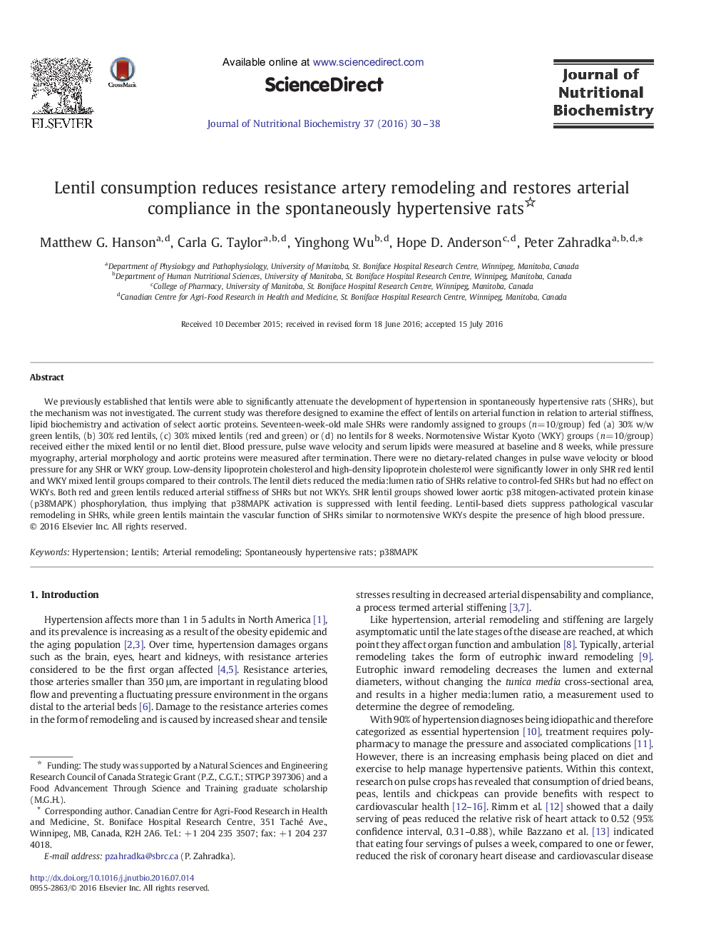 Lentil consumption reduces resistance artery remodeling and restores arterial compliance in the spontaneously hypertensive rats