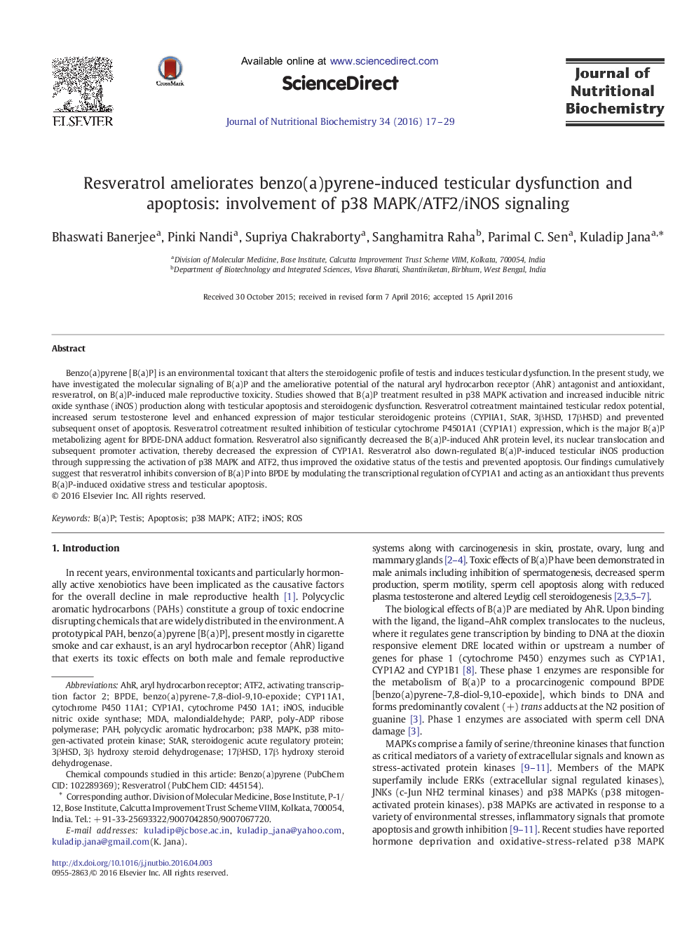 Resveratrol ameliorates benzo(a)pyrene-induced testicular dysfunction and apoptosis: involvement of p38 MAPK/ATF2/iNOS signaling