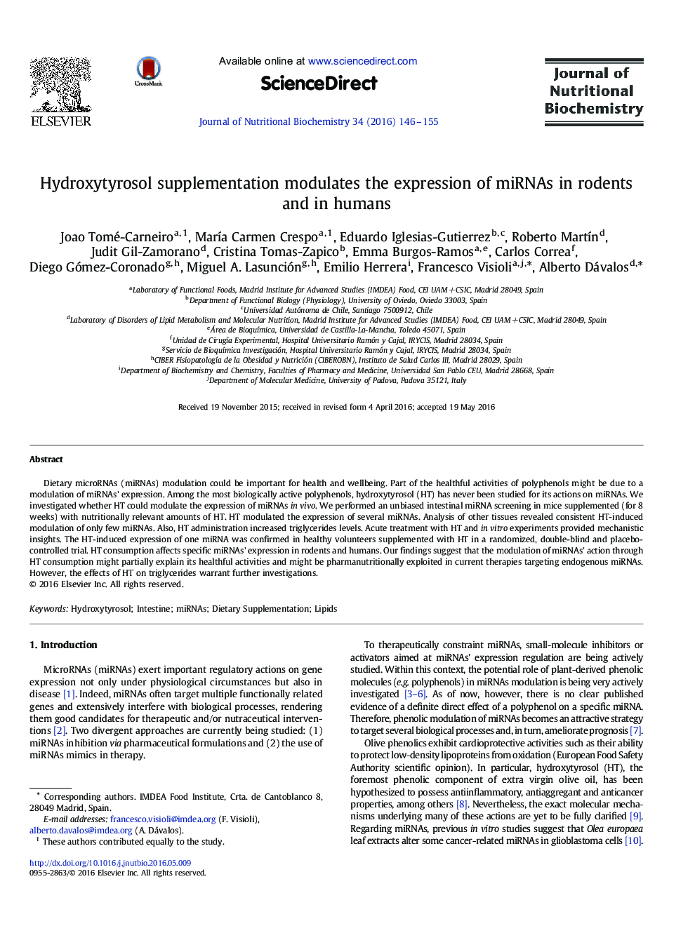 Hydroxytyrosol supplementation modulates the expression of miRNAs in rodents and in humans