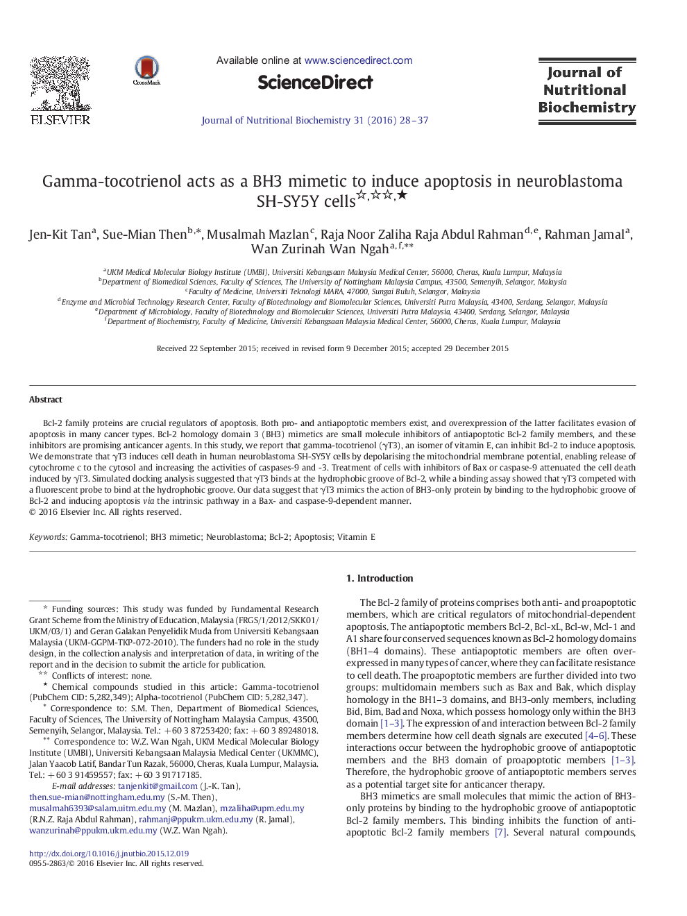 Gamma-tocotrienol acts as a BH3 mimetic to induce apoptosis in neuroblastoma SH-SY5Y cells ★