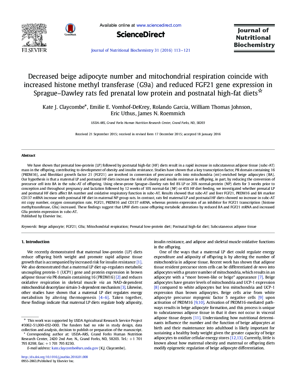 Decreased beige adipocyte number and mitochondrial respiration coincide with increased histone methyl transferase (G9a) and reduced FGF21 gene expression in Sprague–Dawley rats fed prenatal low protein and postnatal high-fat diets 