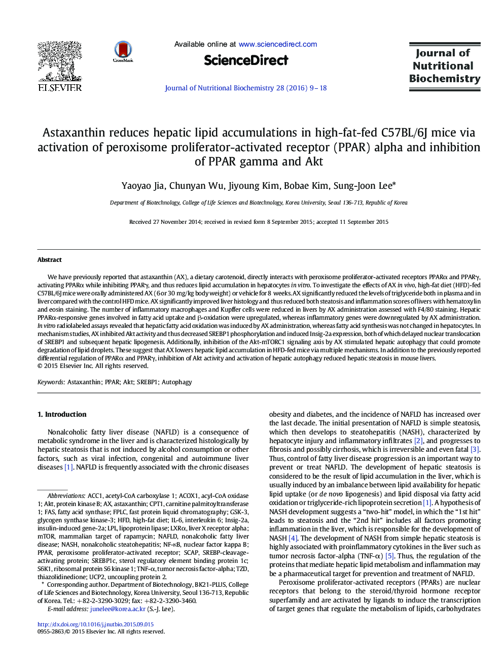 Astaxanthin reduces hepatic lipid accumulations in high-fat-fed C57BL/6J mice via activation of peroxisome proliferator-activated receptor (PPAR) alpha and inhibition of PPAR gamma and Akt