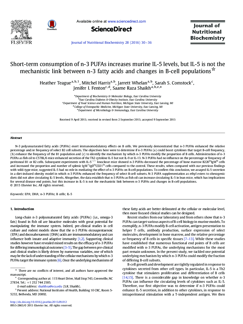 Short-term consumption of n-3 PUFAs increases murine IL-5 levels, but IL-5 is not the mechanistic link between n-3 fatty acids and changes in B-cell populations 