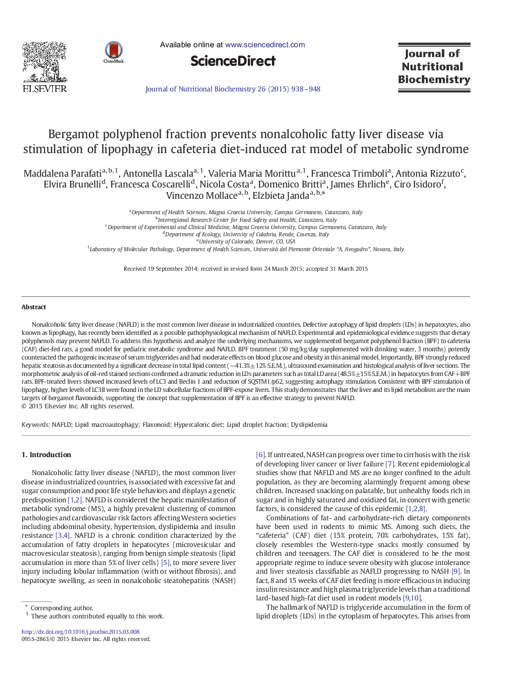 Bergamot polyphenol fraction prevents nonalcoholic fatty liver disease via stimulation of lipophagy in cafeteria diet-induced rat model of metabolic syndrome