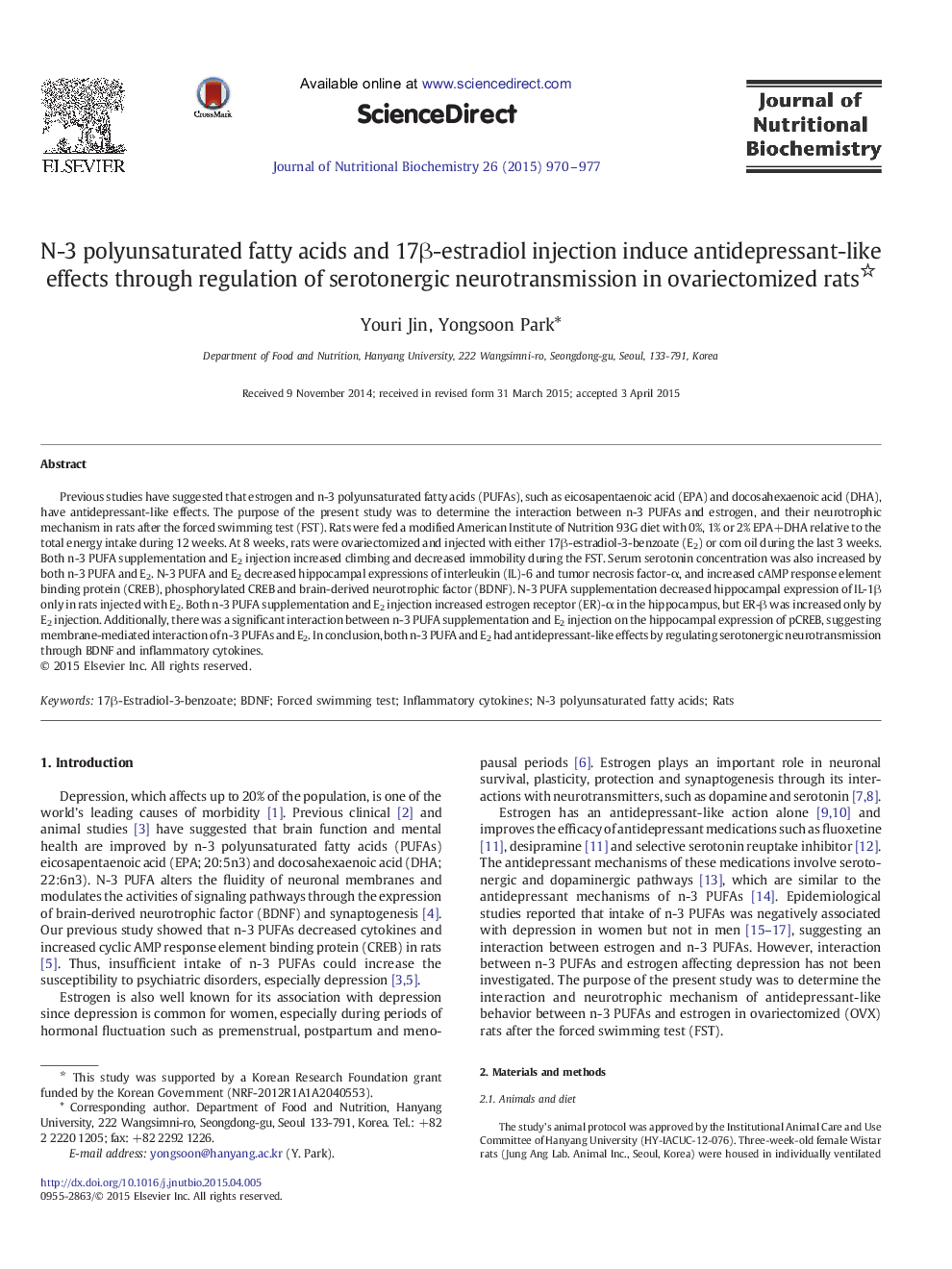 N-3 polyunsaturated fatty acids and 17β-estradiol injection induce antidepressant-like effects through regulation of serotonergic neurotransmission in ovariectomized rats 