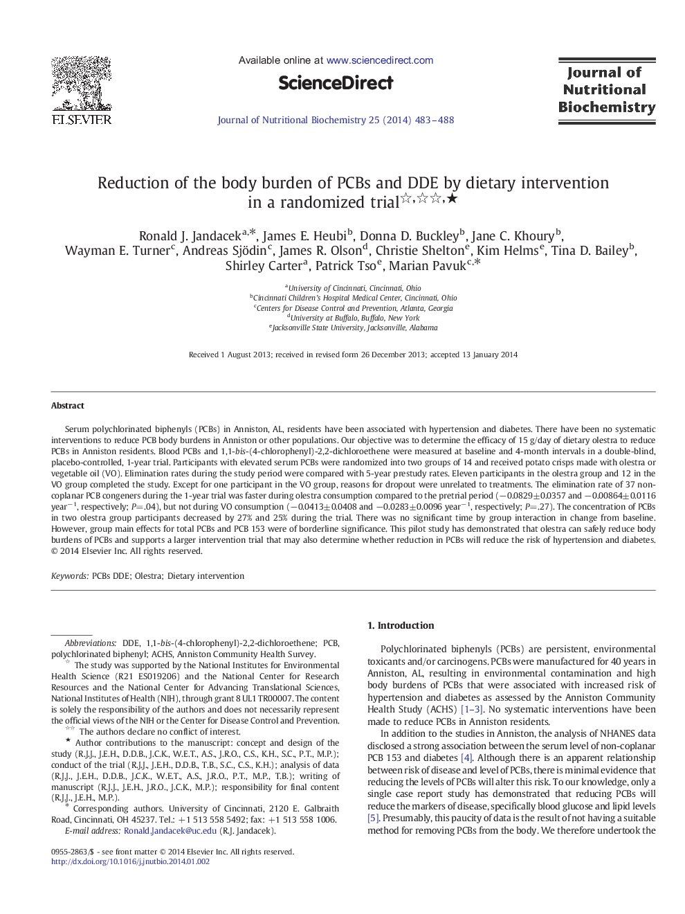 Reduction of the body burden of PCBs and DDE by dietary intervention in a randomized trial ★