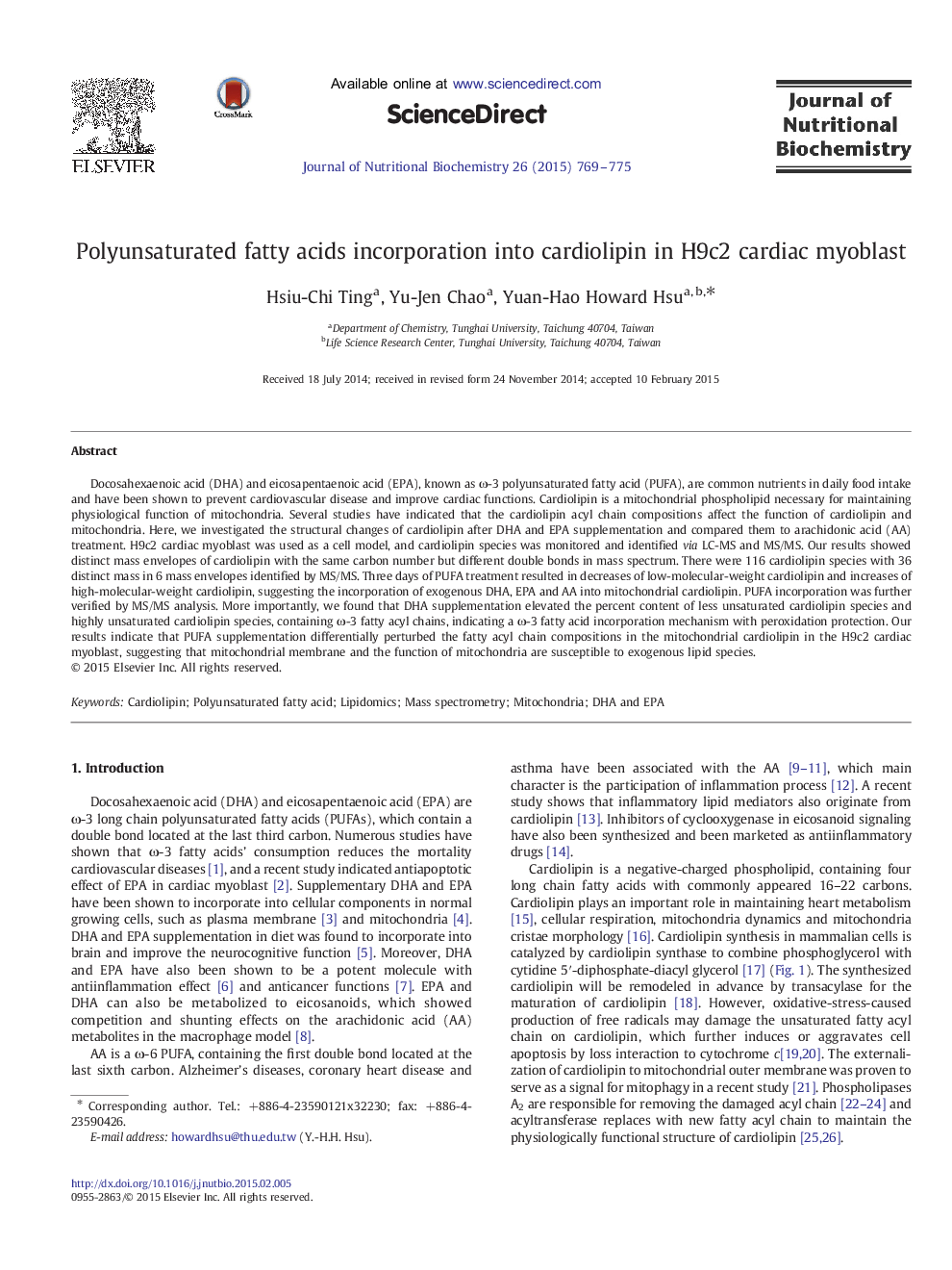 Polyunsaturated fatty acids incorporation into cardiolipin in H9c2 cardiac myoblast