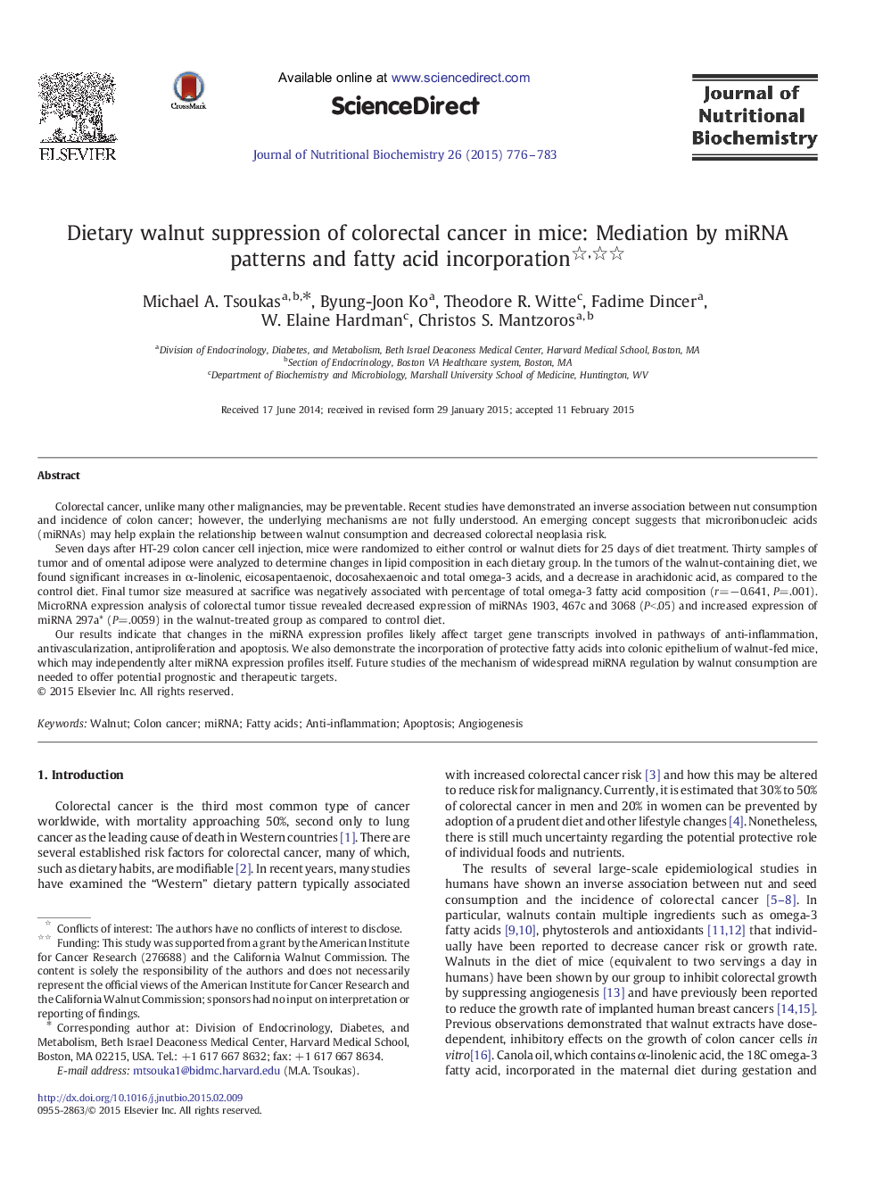 عکس صفحه اول مقاله: Dietary walnut suppression of colorectal cancer in mice: Mediation by miRNA patterns and fatty acid incorporation Dietary walnut suppression of colorectal cancer in mice: Mediation by miRNA patterns and fatty acid incorporation
