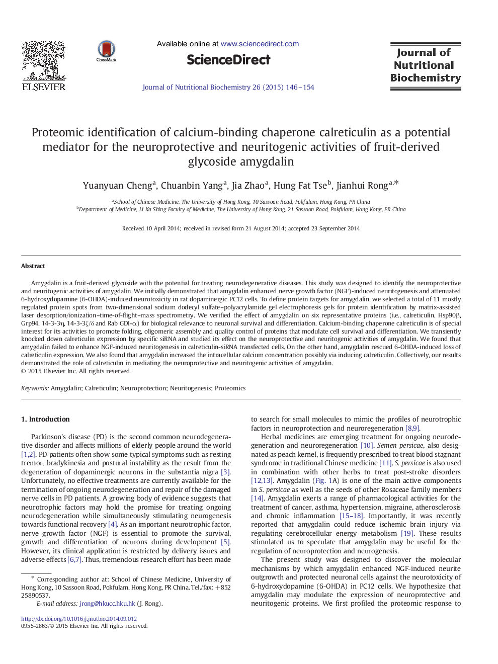 Proteomic identification of calcium-binding chaperone calreticulin as a potential mediator for the neuroprotective and neuritogenic activities of fruit-derived glycoside amygdalin