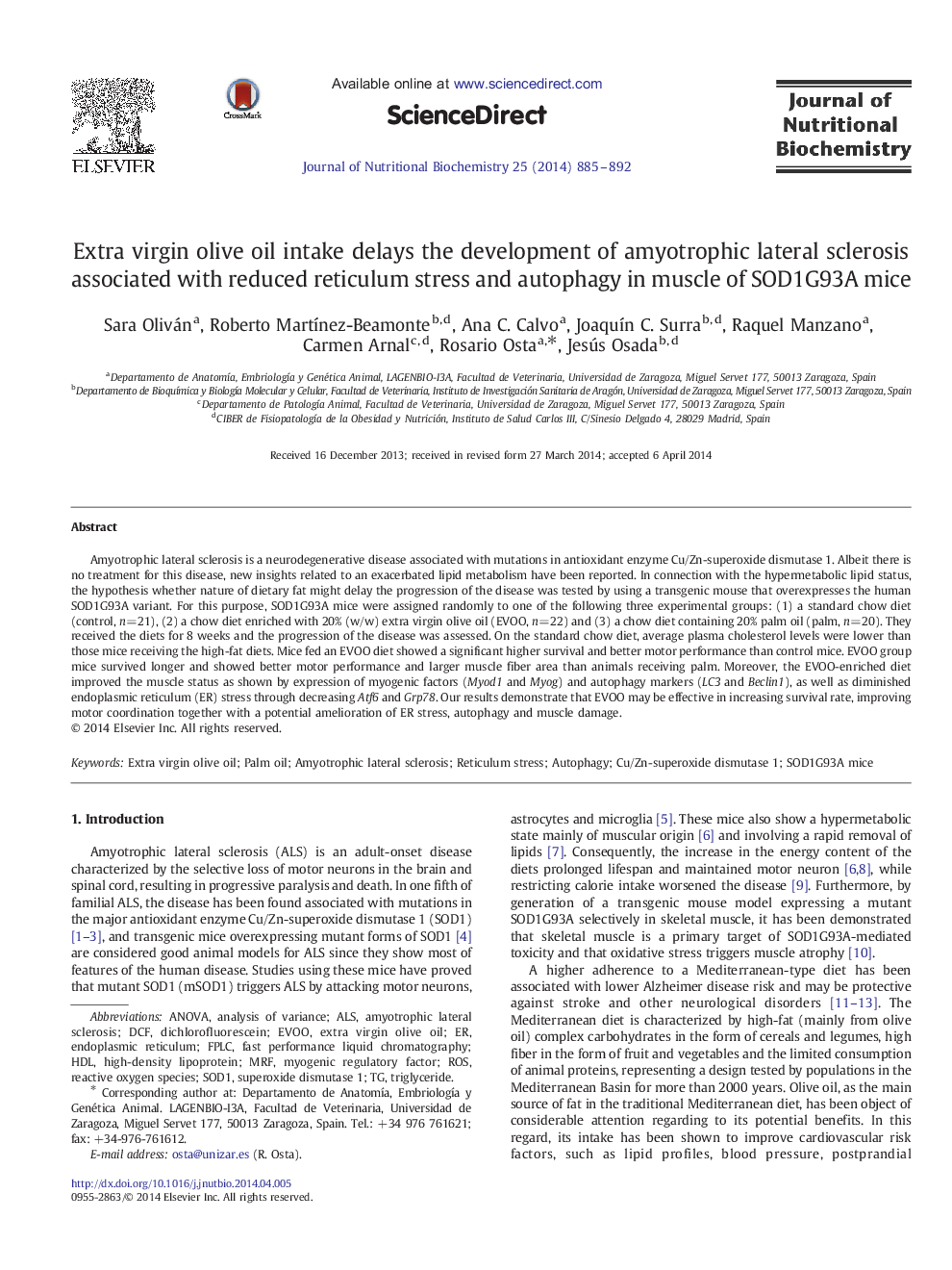 Extra virgin olive oil intake delays the development of amyotrophic lateral sclerosis associated with reduced reticulum stress and autophagy in muscle of SOD1G93A mice