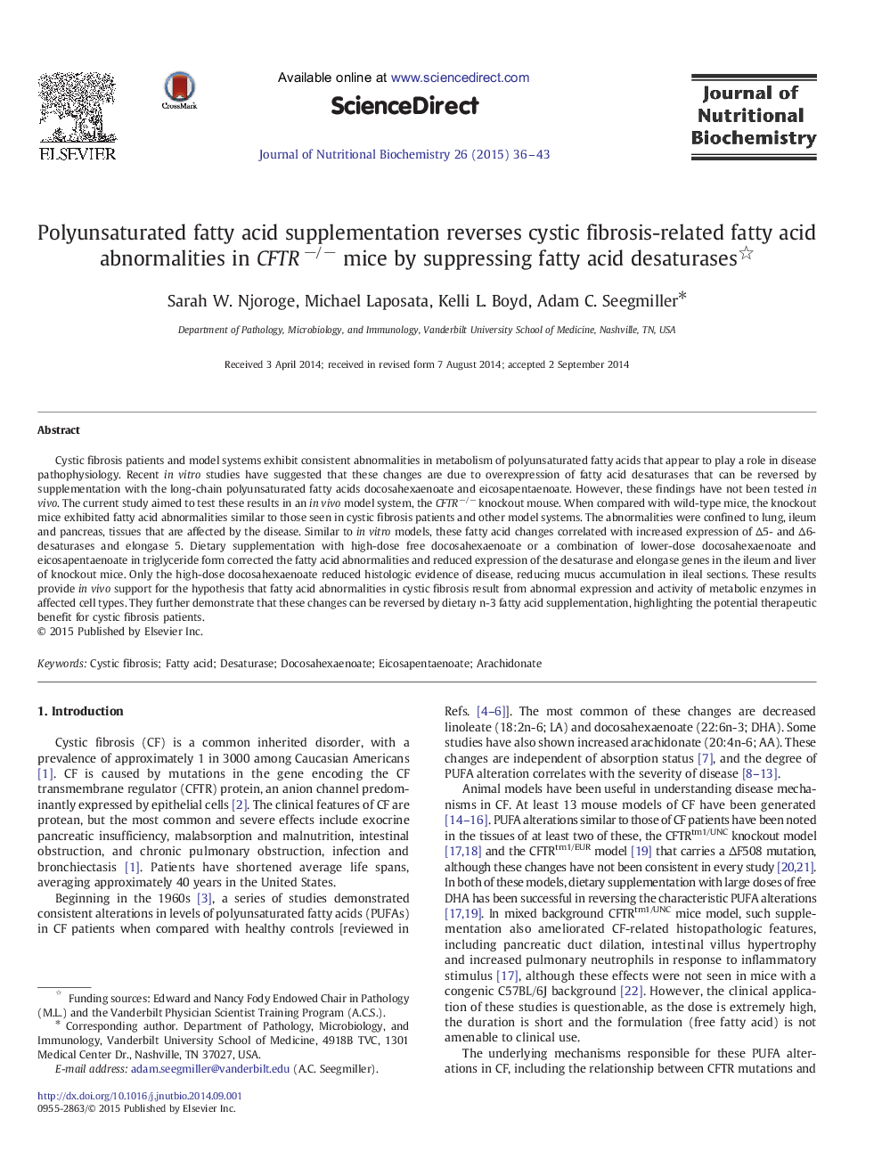 Polyunsaturated fatty acid supplementation reverses cystic fibrosis-related fatty acid abnormalities in CFTR−/− mice by suppressing fatty acid desaturases 