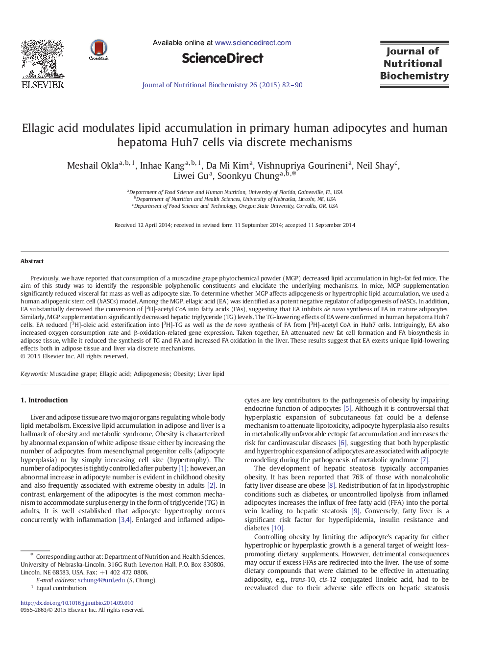 Ellagic acid modulates lipid accumulation in primary human adipocytes and human hepatoma Huh7 cells via discrete mechanisms