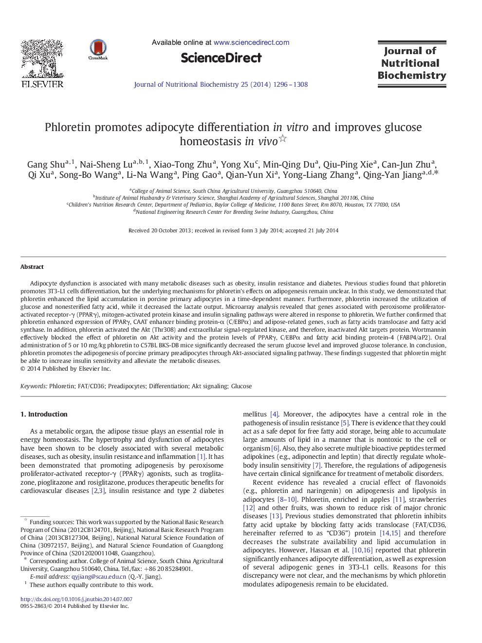 Phloretin promotes adipocyte differentiation in vitro and improves glucose homeostasis in vivo 