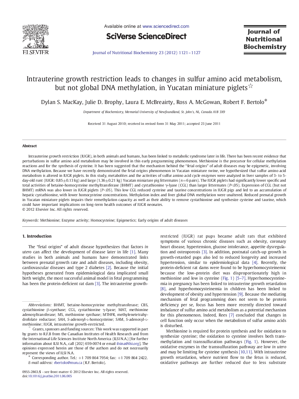 Intrauterine growth restriction leads to changes in sulfur amino acid metabolism, but not global DNA methylation, in Yucatan miniature piglets