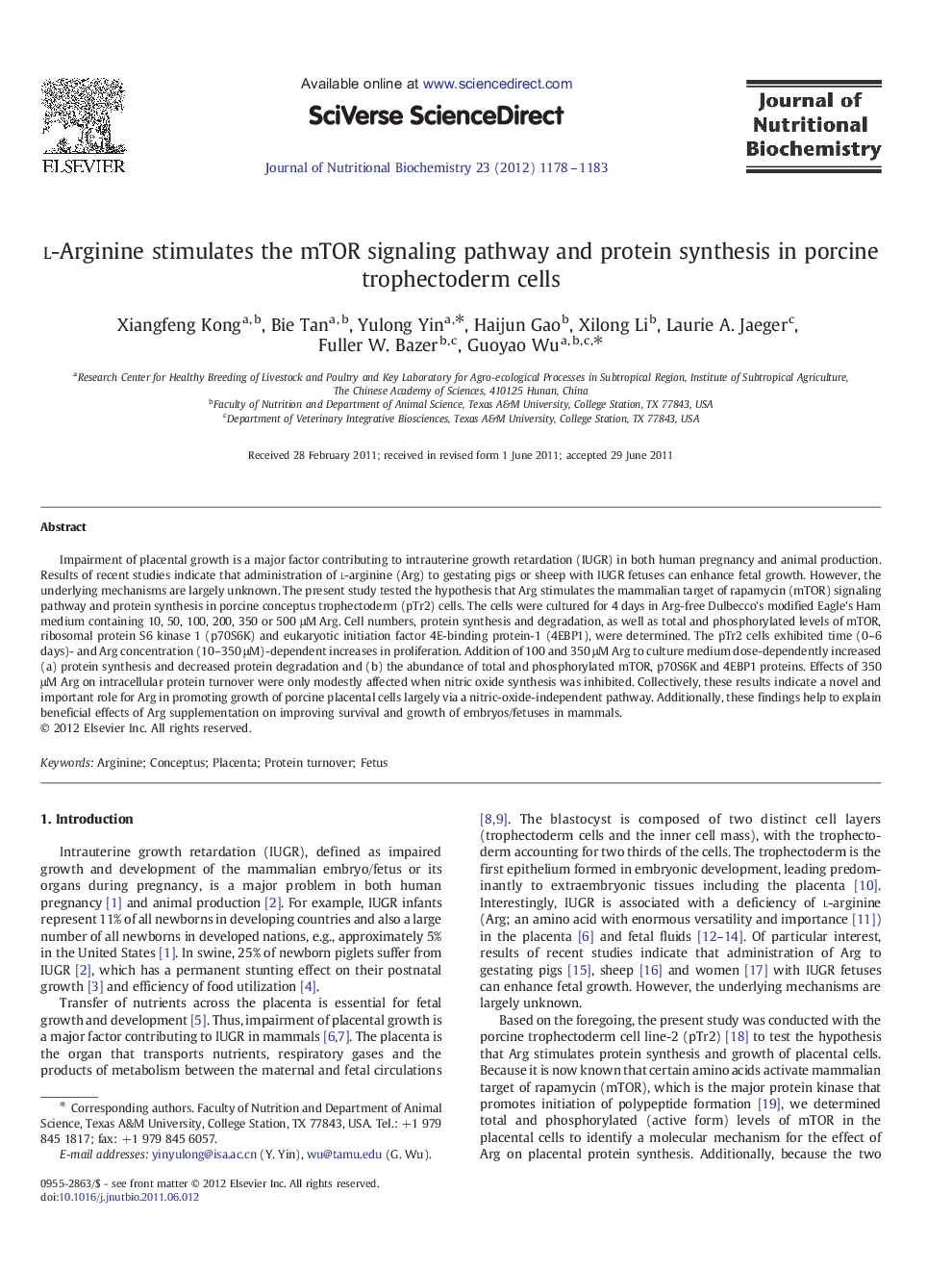 l-Arginine stimulates the mTOR signaling pathway and protein synthesis in porcine trophectoderm cells