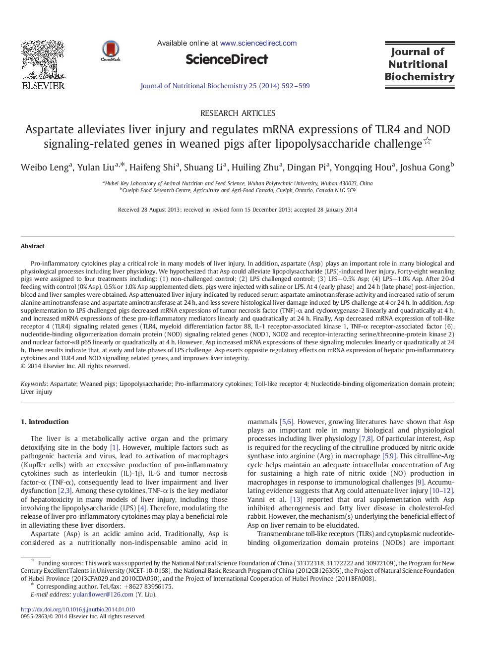 Aspartate alleviates liver injury and regulates mRNA expressions of TLR4 and NOD signaling-related genes in weaned pigs after lipopolysaccharide challenge 