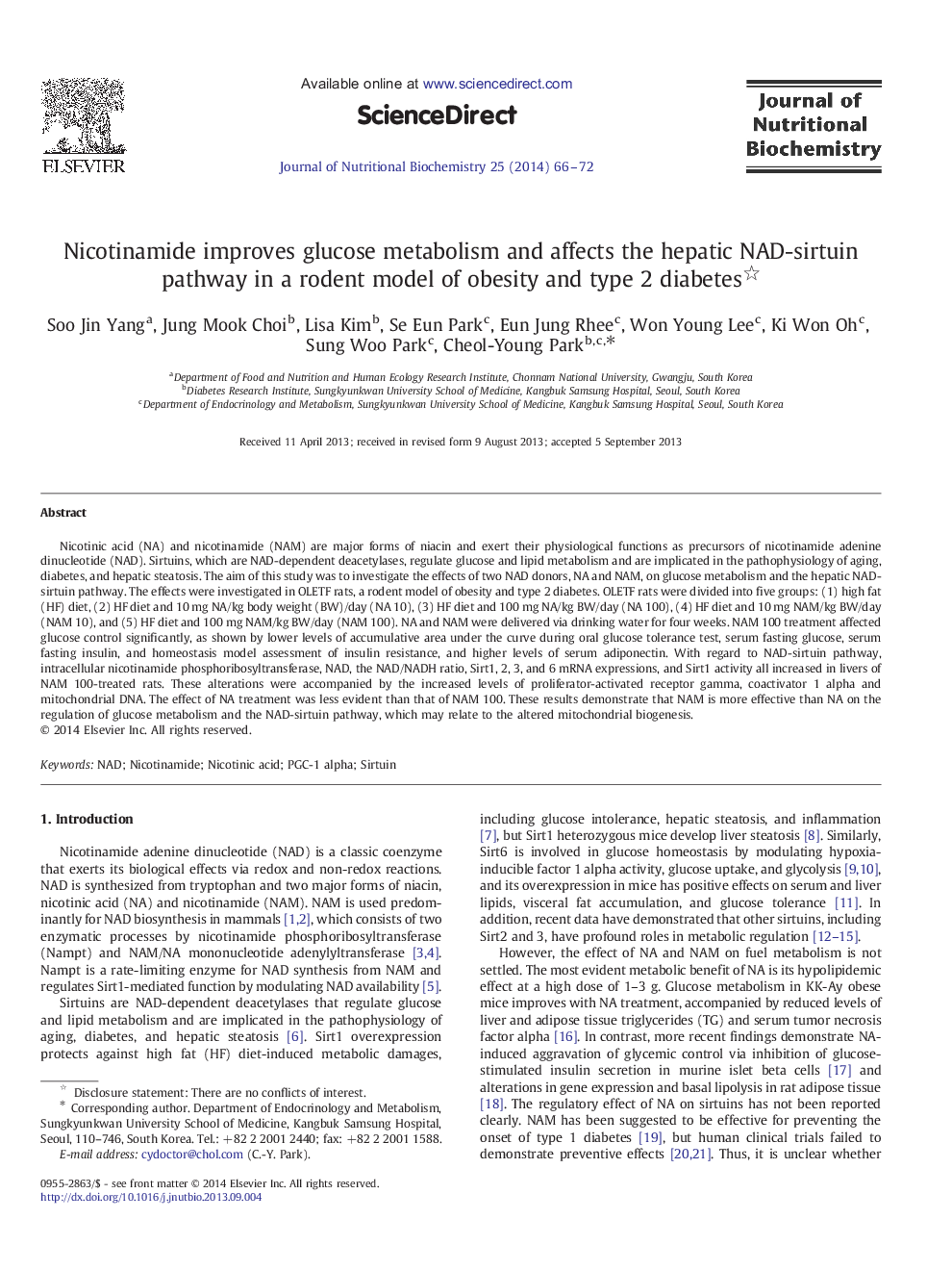 Nicotinamide improves glucose metabolism and affects the hepatic NAD-sirtuin pathway in a rodent model of obesity and type 2 diabetes 