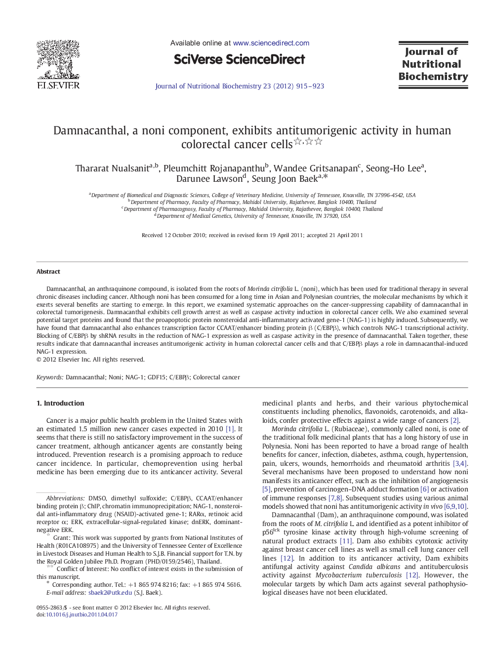 Damnacanthal, a noni component, exhibits antitumorigenic activity in human colorectal cancer cells 