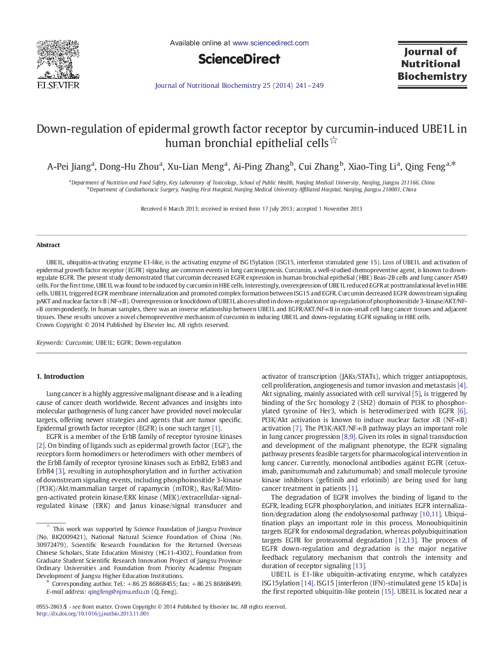 Down-regulation of epidermal growth factor receptor by curcumin-induced UBE1L in human bronchial epithelial cells 