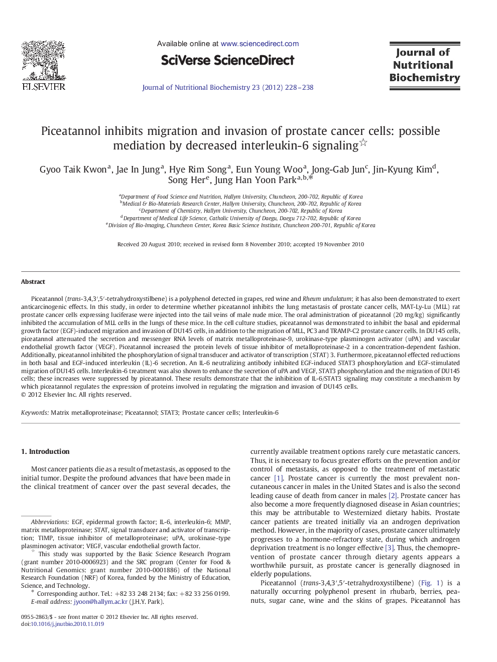 Piceatannol inhibits migration and invasion of prostate cancer cells: possible mediation by decreased interleukin-6 signaling 