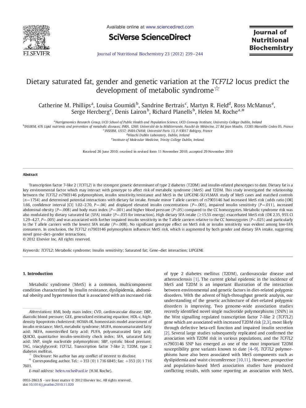 Dietary saturated fat, gender and genetic variation at the TCF7L2 locus predict the development of metabolic syndrome 