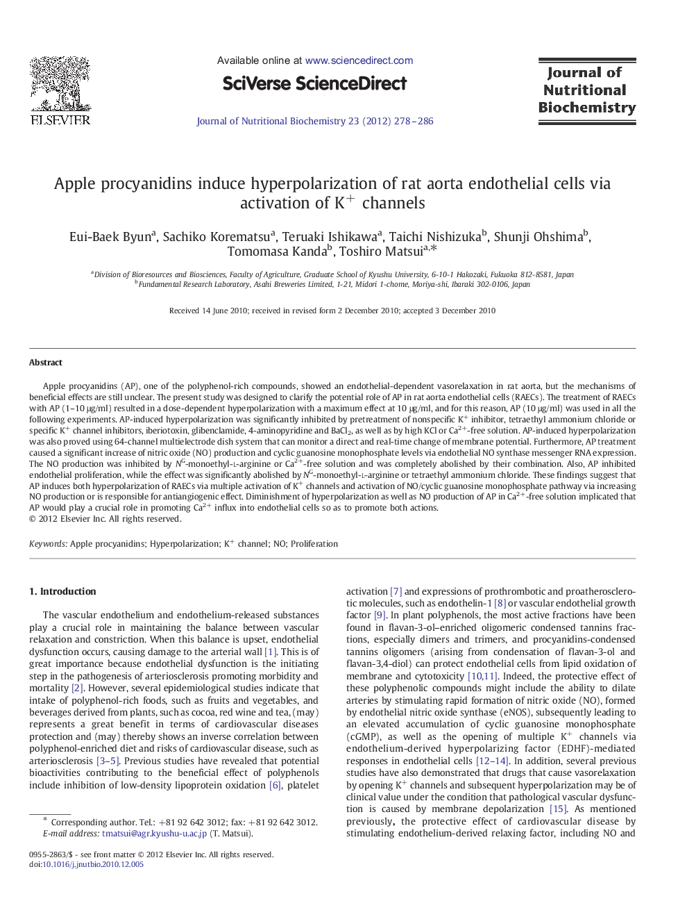 Apple procyanidins induce hyperpolarization of rat aorta endothelial cells via activation of K+ channels