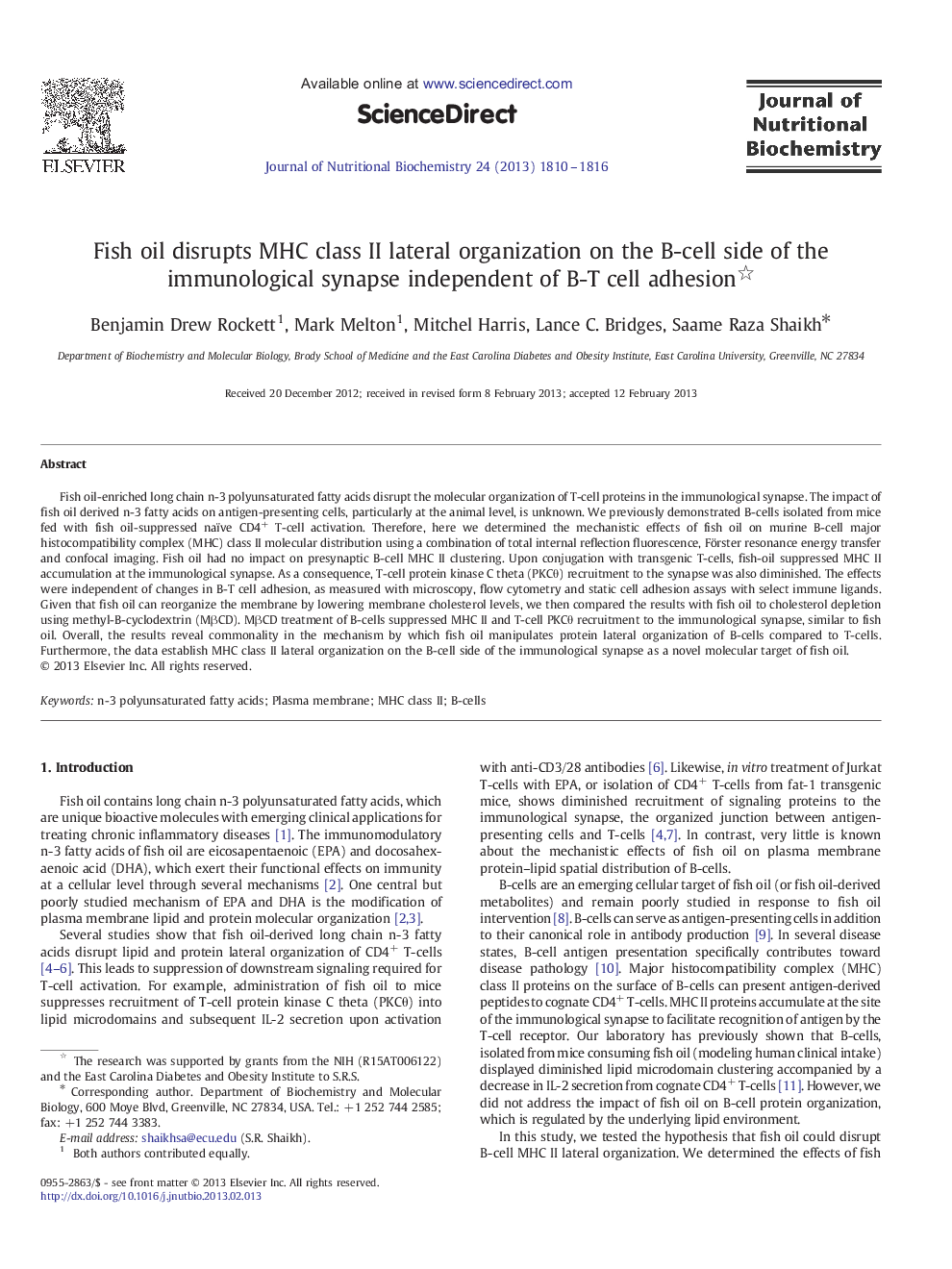 Fish oil disrupts MHC class II lateral organization on the B-cell side of the immunological synapse independent of B-T cell adhesion 