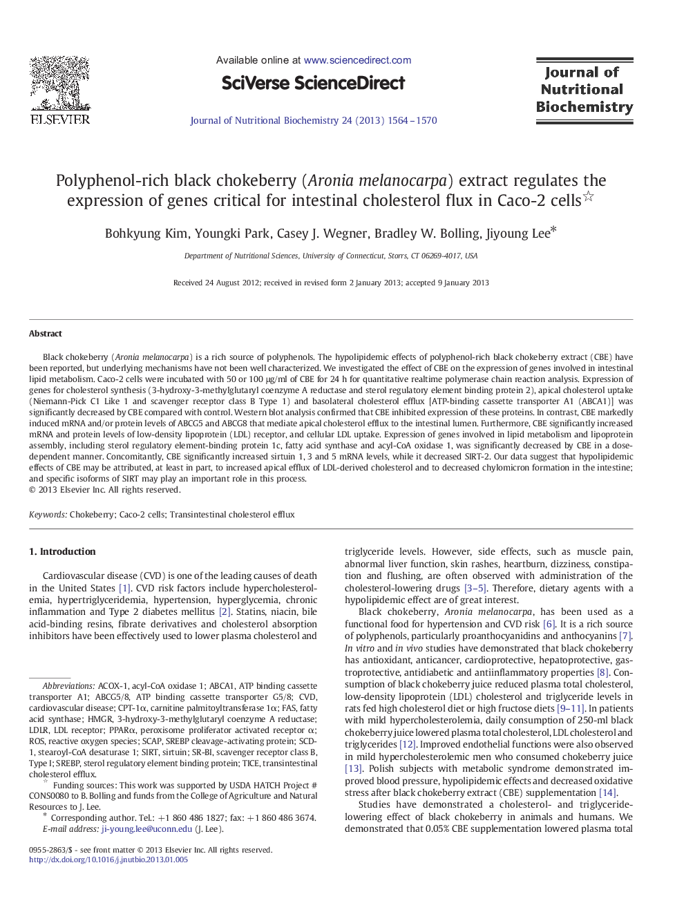 Polyphenol-rich black chokeberry (Aronia melanocarpa) extract regulates the expression of genes critical for intestinal cholesterol flux in Caco-2 cells